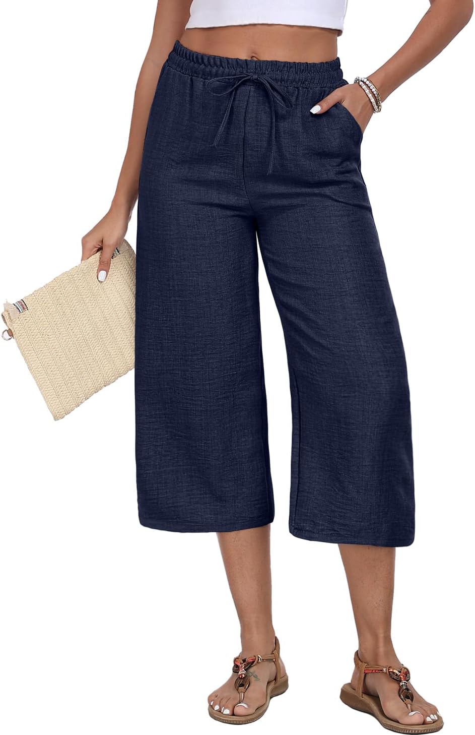 Womens Capri Pants Summer Elastic Waist Casual Business Pants Work Lounge Pants with Pockets