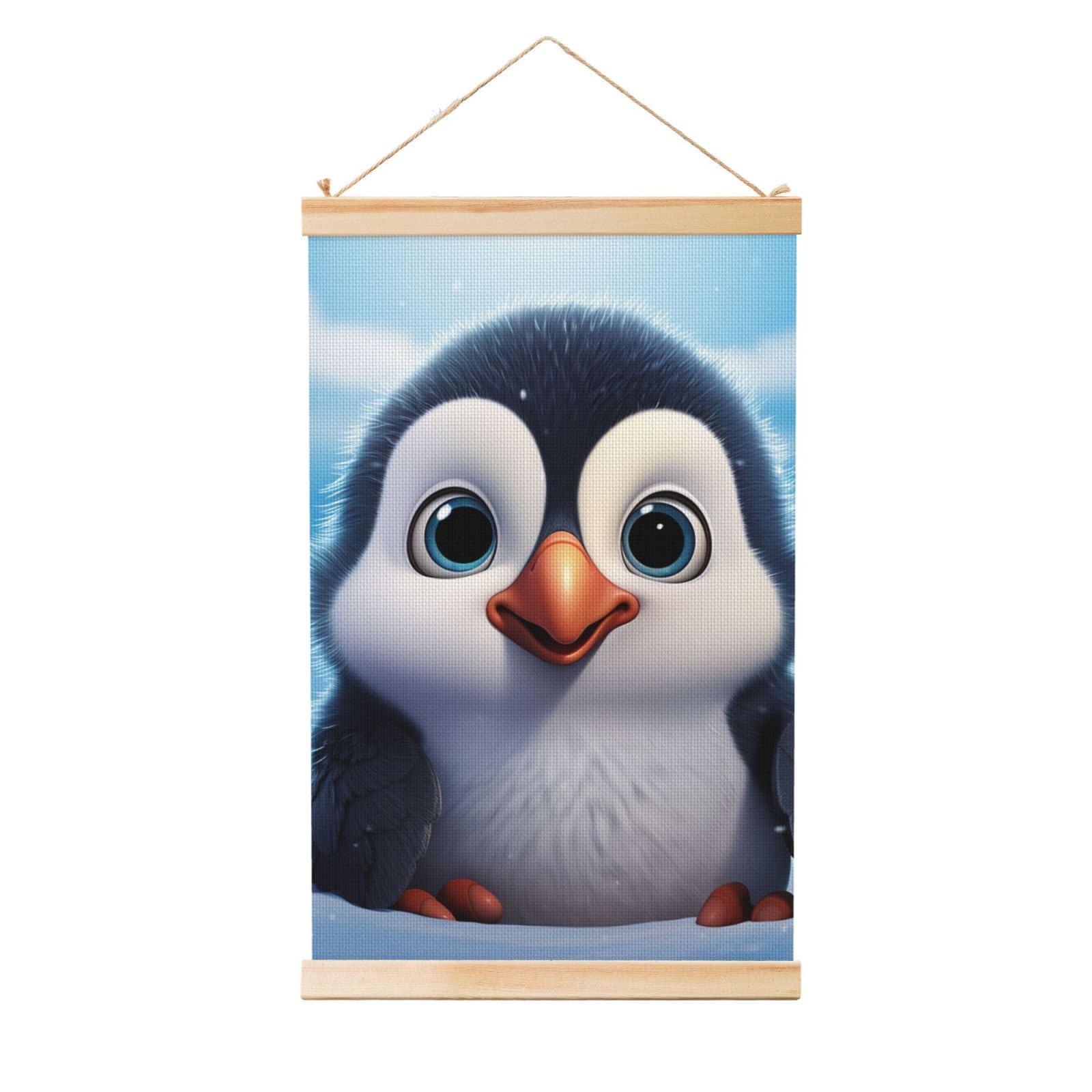 cartoon cute penguin Poster Wooden Shaft Hanging Poster Wall Hanging Banner Canvas Artwork with Wood Frames 36"x24" Modern Artwork Decor Ready to Hang Wall Art for Home Decor Scroll Painting