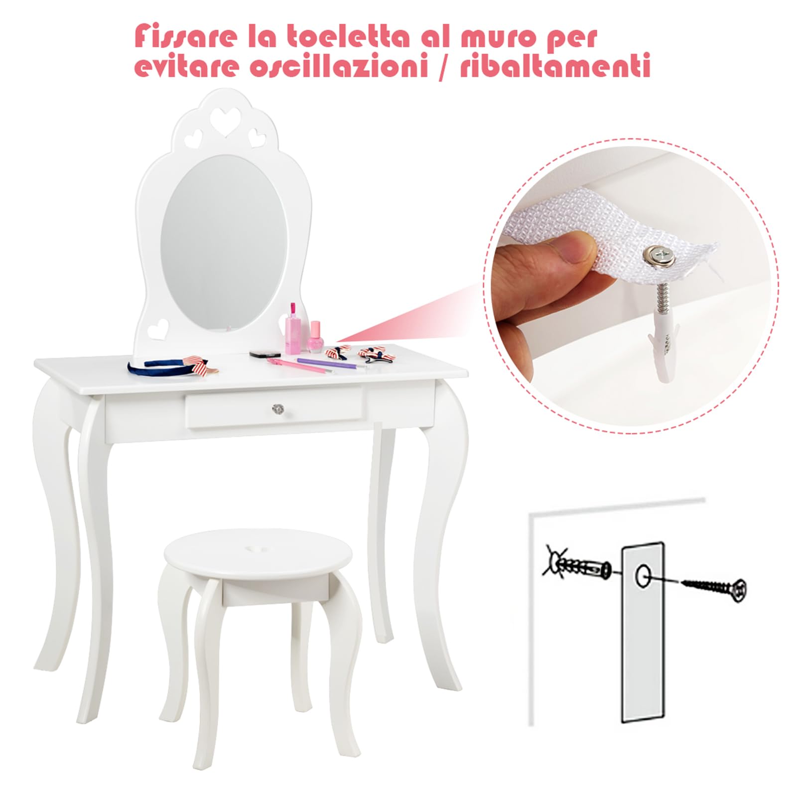 COSTWAY 2 in 1 Toeletta Trucco per Bambina 3+ Anni, Postazione Trucco Bambina con Specchio ad Alta Definizione Rimovibile, Set in Legno con Sgabello, Cassetto e Dispositivo Anti-ribaltamento (BIANCO)