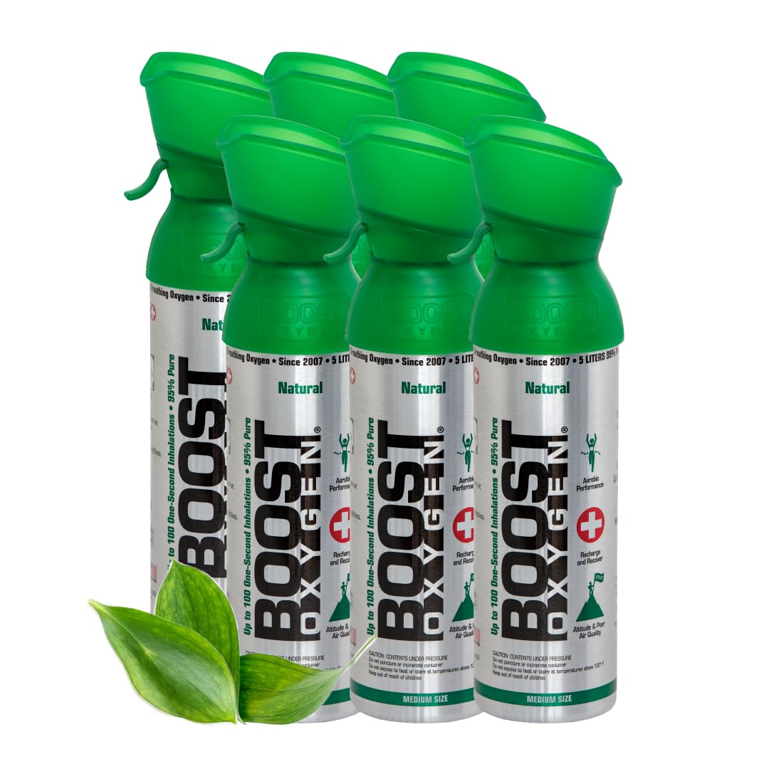 Boost Oxygen - Bombola di Ossigeno Portatile - Bomboletta di Ossigeno Puro e Naturale al 95% - Concentrazione, Recupero, Energia, Umore, Medio - 30Lt, 6x5Lt (6x Pacchi - 600 Inalazioni) - Naturale | Bomboletta di Ossigeno Puro al 95% Portatile per Recuper