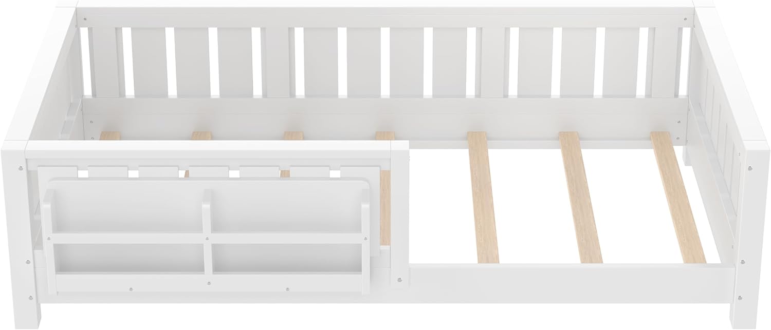 Twin Size Floor Bed with Storage Bookshelves, Solid Wood Montessori Floor Bed with Full-length Guardrails, Kids Twin Bed Frame for Kids, Boys, Girls, No Box Spring Needed and Childlike Design, White