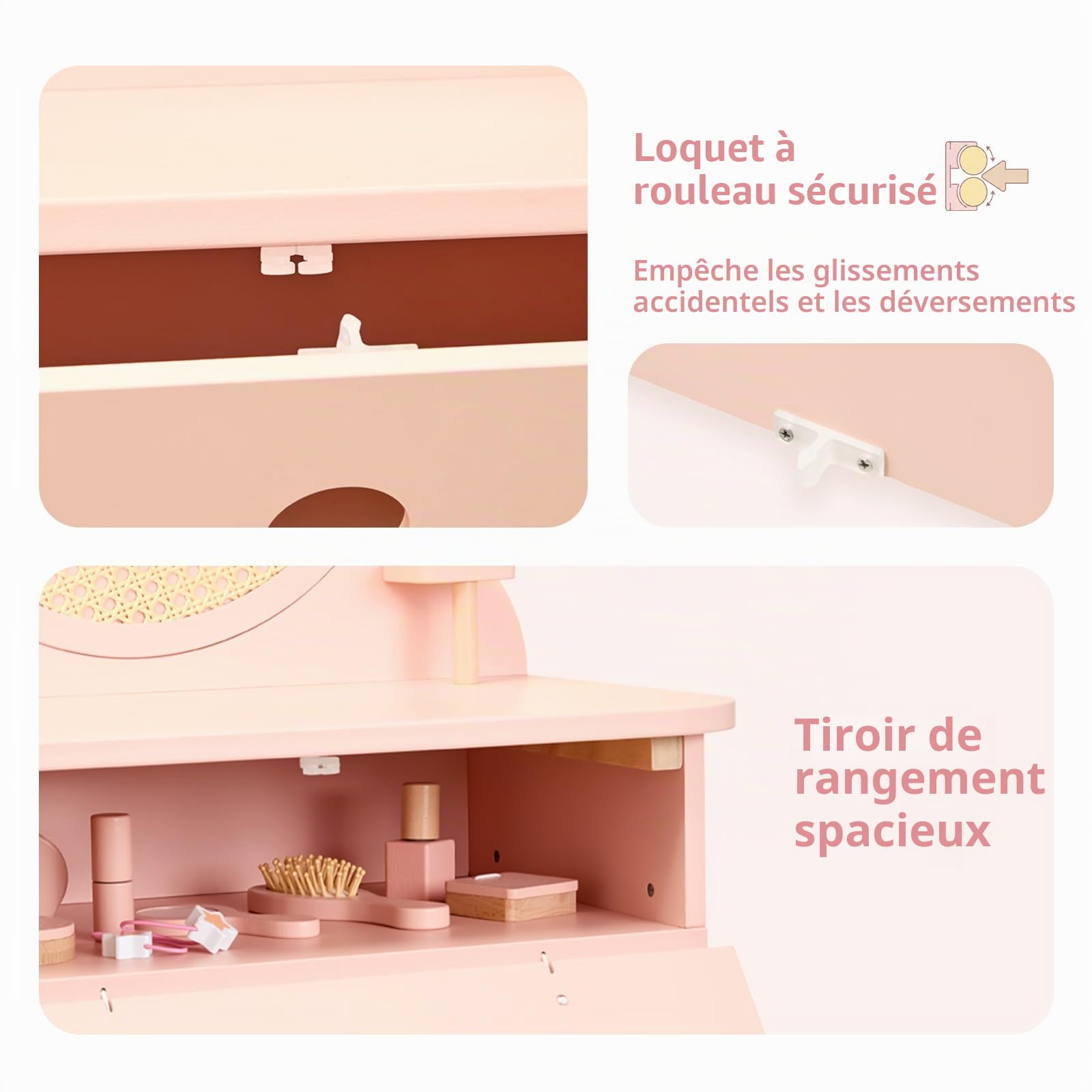 OOOK Coiffeuse Enfant Fille, Petite Coiffeuse avec Miroir et Tabouret, Bureau Enfant Fille Plus de 3 Ans avec 11 Accessoires, Table de Maquillage Rose pour Filles, en Bois à Rangement
