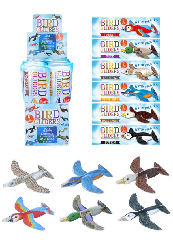 Bird Gliders Toy Pack – Flying Foam Bird Planes for Kids, Assorted Designs Parrot Duck Owl Eagle Puffin, Party Bag Fillers & Outdoor Toys (4)