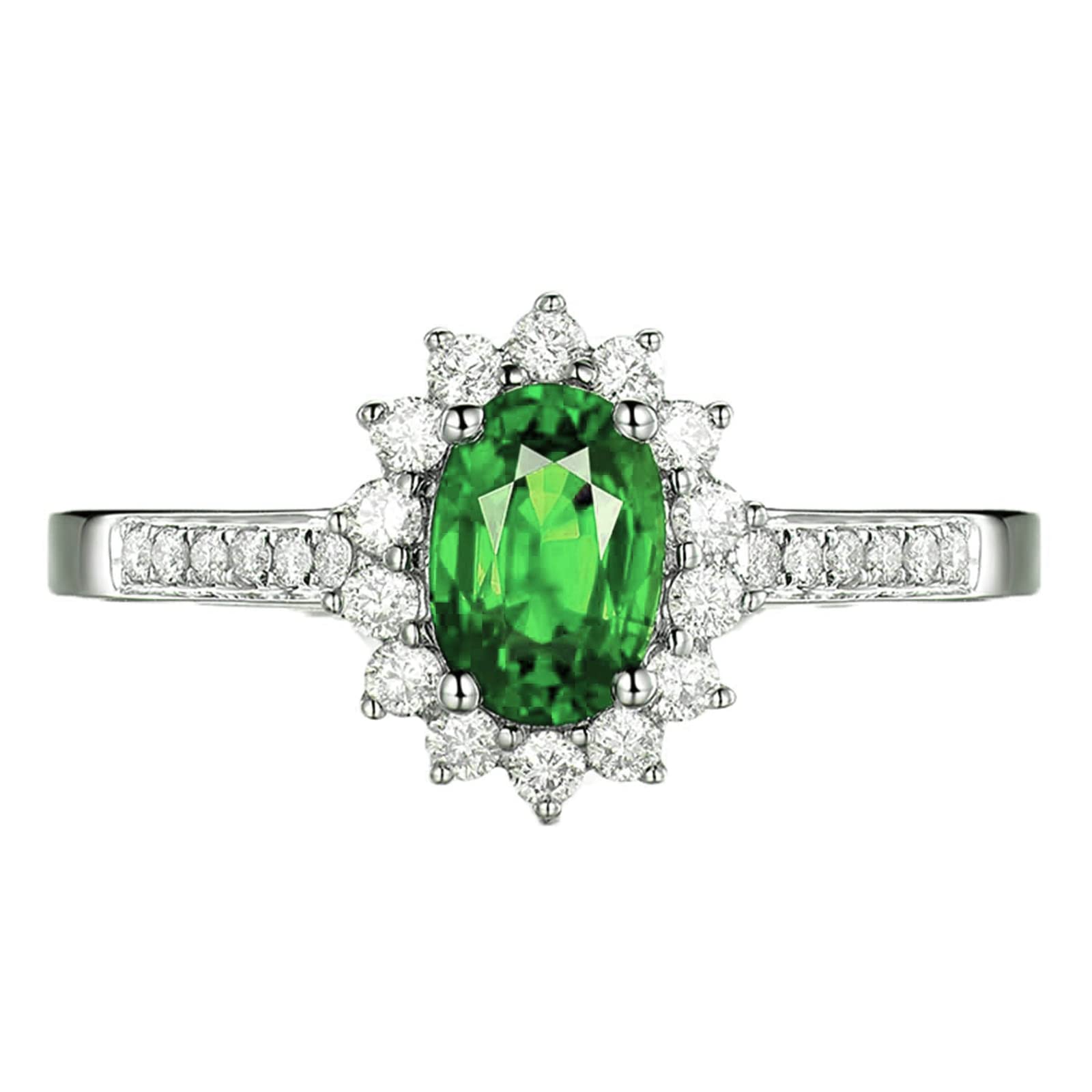Fingerring für Damen, 925 Sterling Halo, ovaler grüner Zirkonia, modische Größe H 1/2-V 1/2