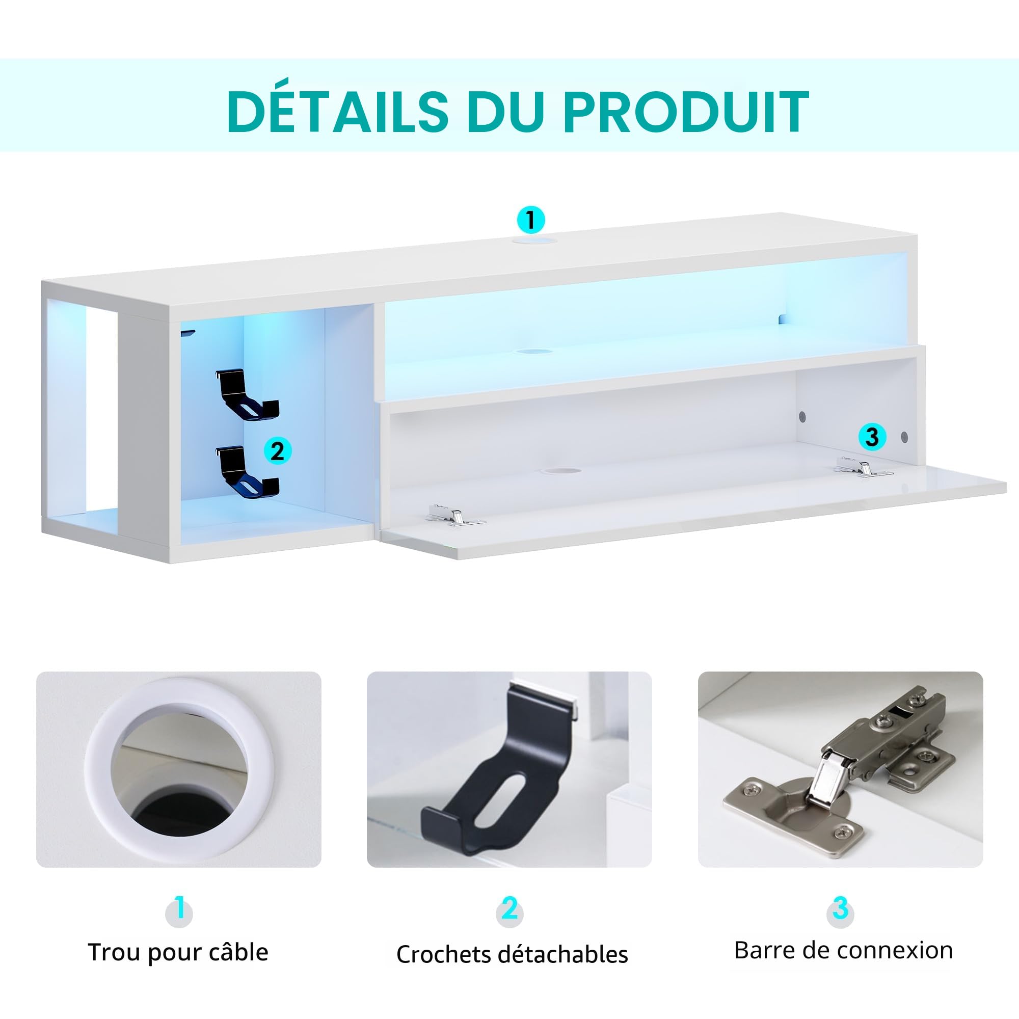 SogesPower Console TV LED Murale avec Éclairage - Support TV avec Rangement, Étagère Flottante pour Salon & Chambre | Blanc 100x28.5x30 cm (LxPxH)