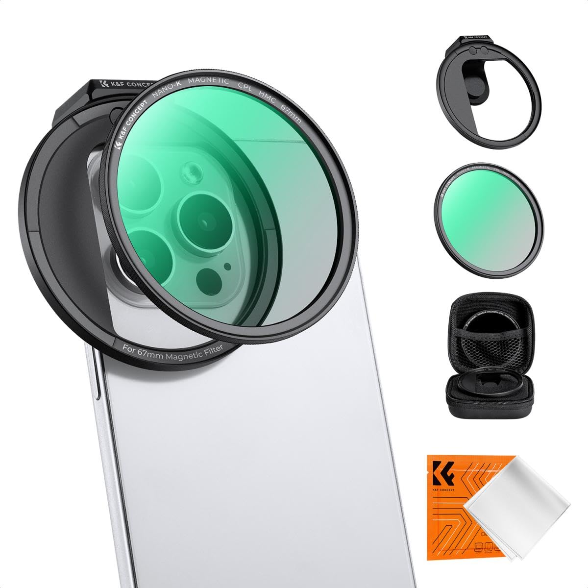 K&F Concept Clip On Magnetic CPL Circular Polarizer Filter Kit for All Phone Mobile | 67mm Filter, Adapter Ring, Locking Knob, Cold Shoe, Mount Carry Bag | Compatible w/iPhone Samsung Huawei Oppo