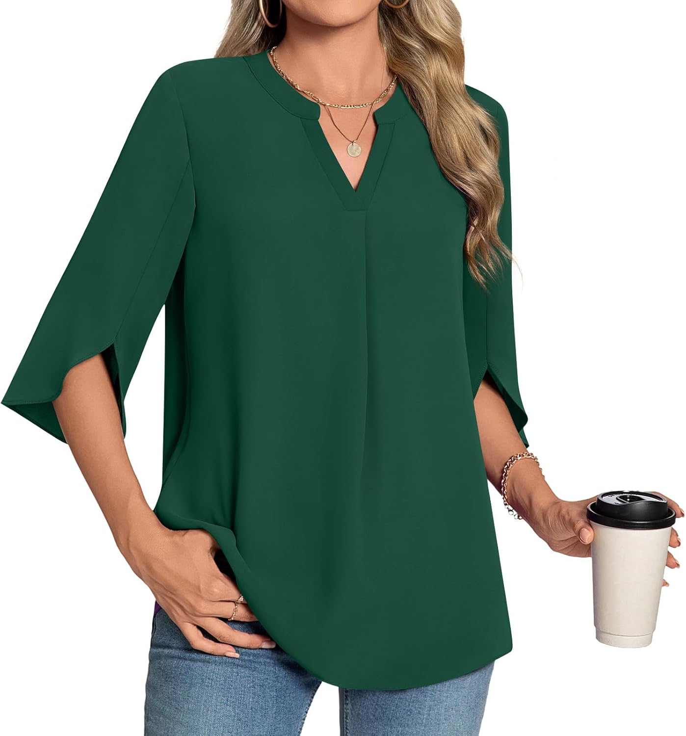 Womens Summer 3/4 Length Sleeve Tunic Tops Plus Size V-Neck Blouses for Women Dressy Casual - Image 2