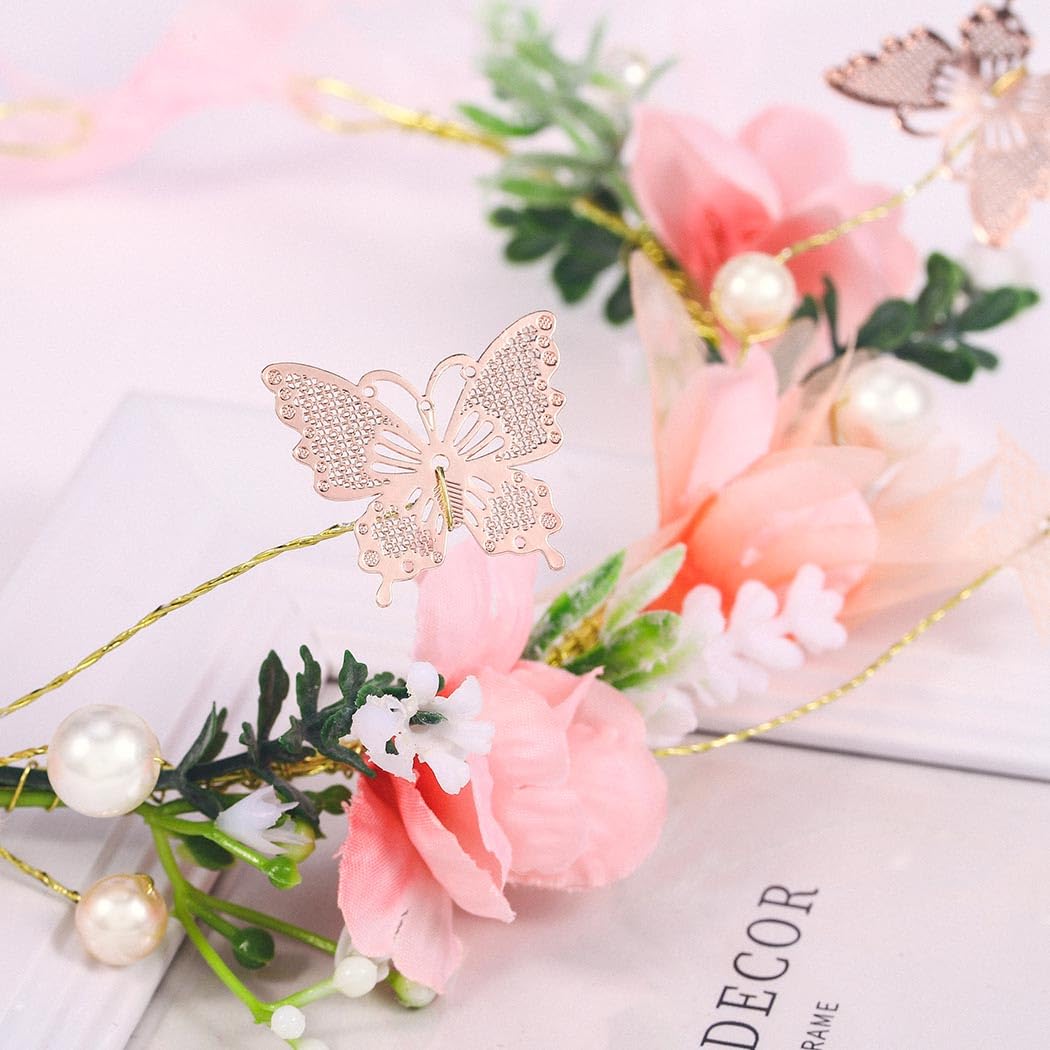 IYOU Wedding Flower Headband Set Pink Floral Crown Hair Wreath Pearl Bride Bridesmaid Hair Accessories with Wristband for Women and Girls - Image 2