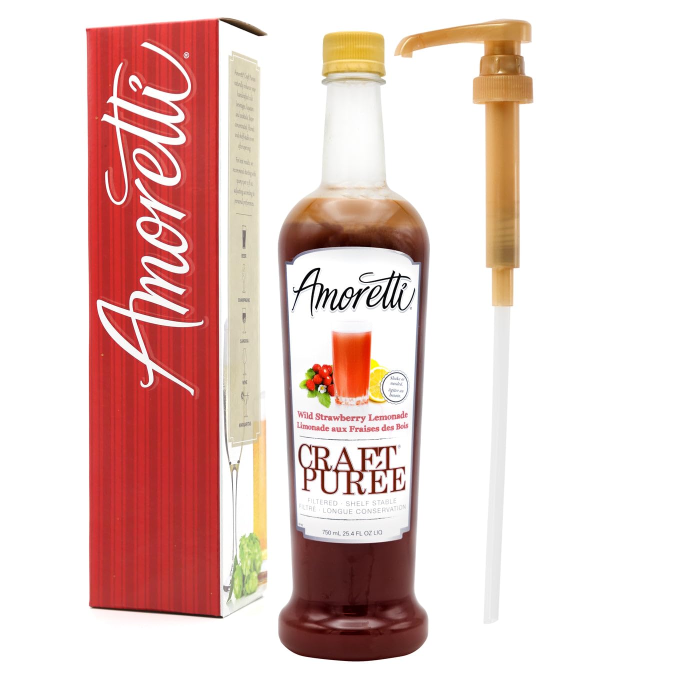 Amoretti - Wild Strawberry Lemonade Craft Puree 750 ml, Perfect for flavoring Cocktail, Brewing, Beer, Wine, alcoholic beverages, and Mocktail, Drink Mix, Mixers, Real Fruit, No Preservatives, w/Pump