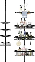 Dripex Teleskop Duschregal ohne Bohren, Teleskopregal Bad mit 4 Duschkorb, Badregal für Dusche und Badewanne, Eckregal höhenverstellbar von 98CM bis 287CM, Schwarz