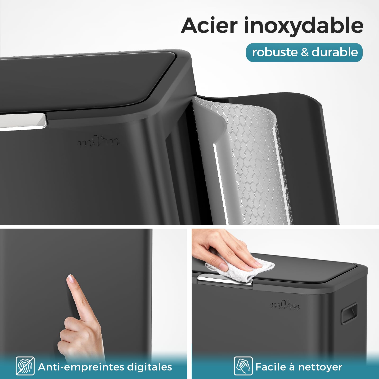 mVm Poubelle Cuisine 65L, avec Tri Sélectif Intégré, Comprend Seau Amovible, en Acier Inoxydable, Anti-traces de doigts, Support Détachable, Facile à nettoyer, Idéal pour Cuisine, Bureau et Salon