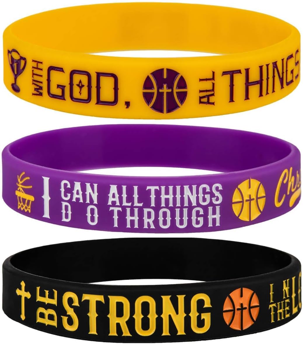 Sainstone 12-Pack Basketball Inspirational Bible Verse Silicone Bracelets with Christian Sayings MATTHEW 19:26, PHILIPPIANS 4:13, EPHESIANS 6:10, Wholesale Sports Party Favors Gifts for Lakers