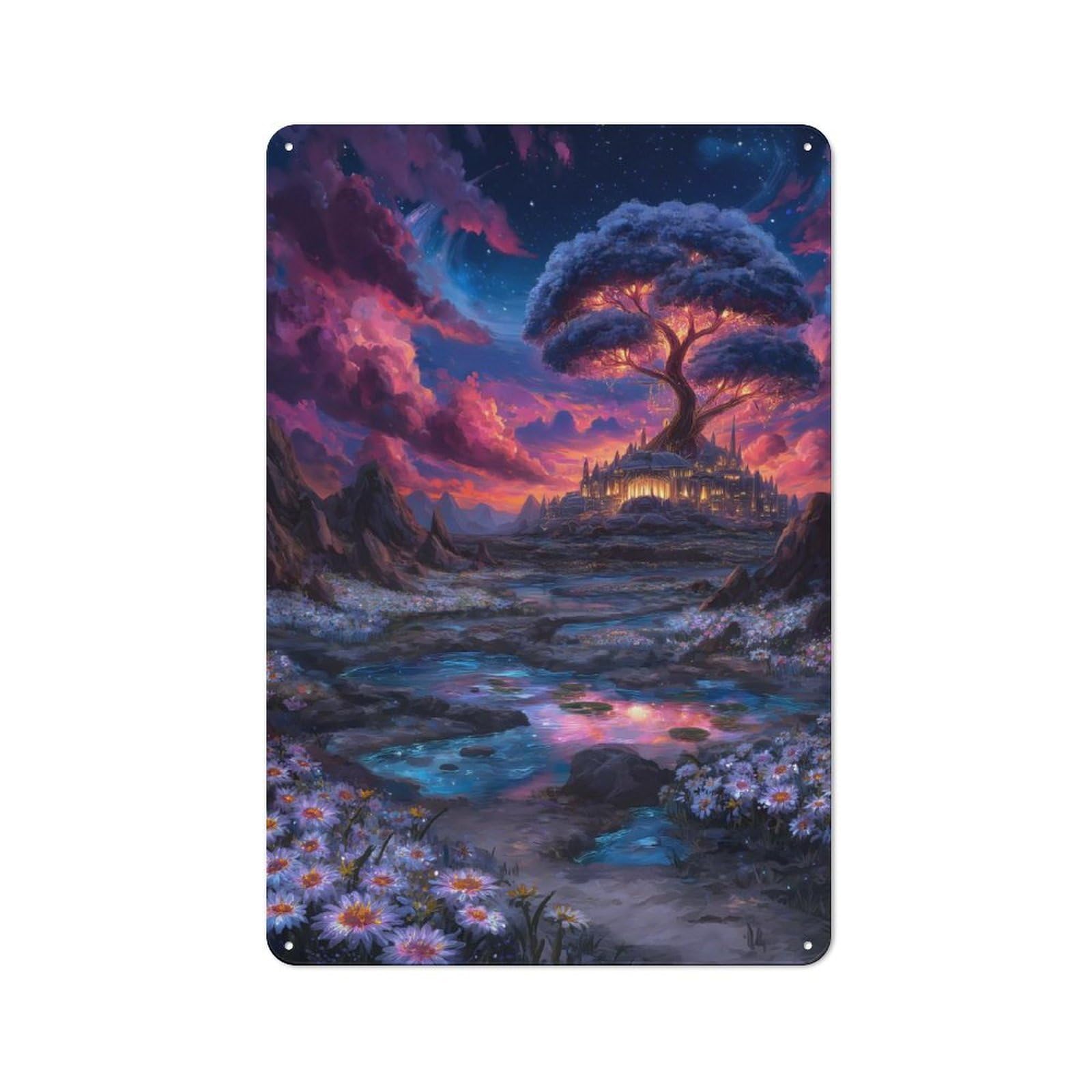 Junmoney Fantasy Landscape With Tree And Castle Metal Wall Sign 30X20cm, Retro Decor For Pub Or Café, For Vintage Wall Decor Fans, For Garage And Workshop Walls