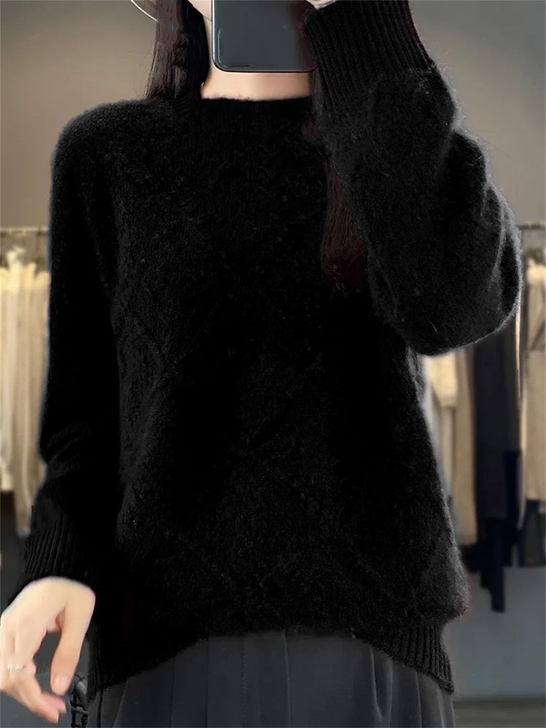Vogrtcc Maglione da Donna Autunno Inverno O-Collo Pullover Cavo Maglieria Casual in Lana E Cashmere