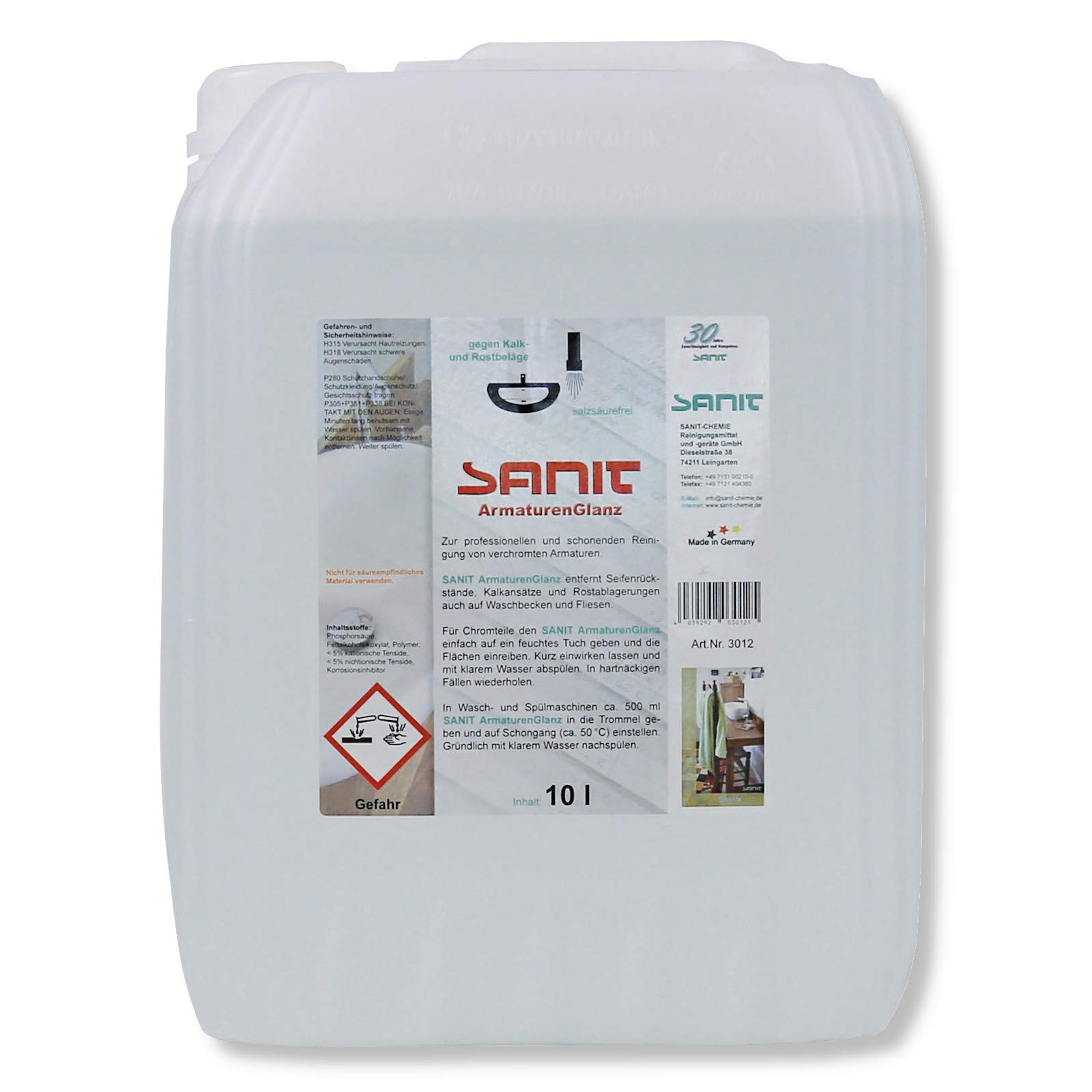 DEWEPRO-Set: SANIT ArmaturenGlanz (3012) - 10l Nachfüllkanister - zur professionellen und schonenden Reinigung von verchromten Armaturen, inkl. 1 St. DEWEPRO® Single Scrubs