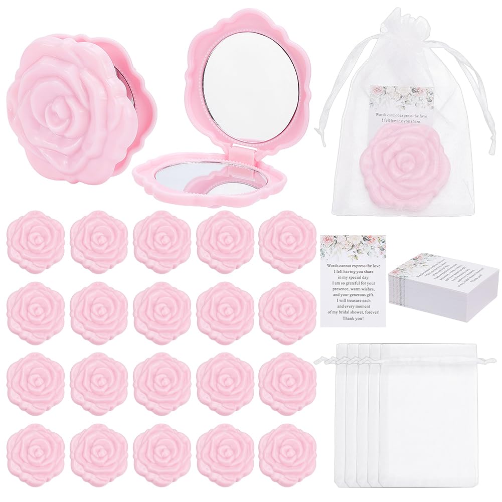 PH PandaHall 50 Sets Brautparty-Gastgeschenke, Rose, kompakter Spiegel, Hochzeitsgeschenke, Organza-Geschenkbeutel, rosa Taschenspiegel mit Dankeskarten für Gäste, Verlobungszeremonie, Brautjungfern