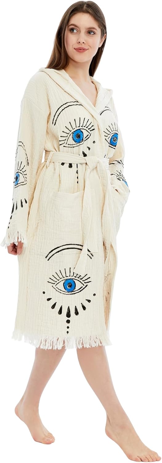 Evil Eye Kimono Handmade Hooded Boho Beachwear Cover Up Robe Kimono Bathrobe Cotton Cardigan For Spa, Gym, Pool, Beach - Image 2