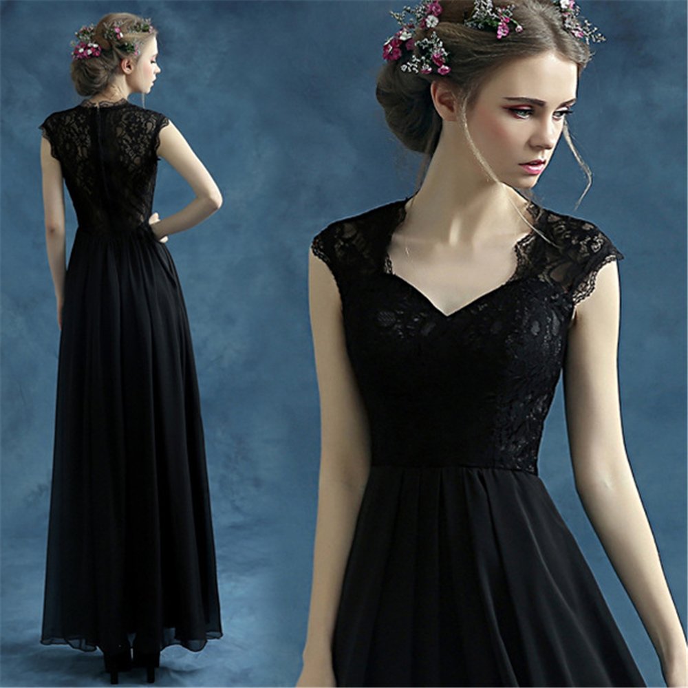 Vestido de Noche Negro Elegante Vestido Largo con Vestido de Chiffon de Encaje, WYFDMNN, Negro, 52