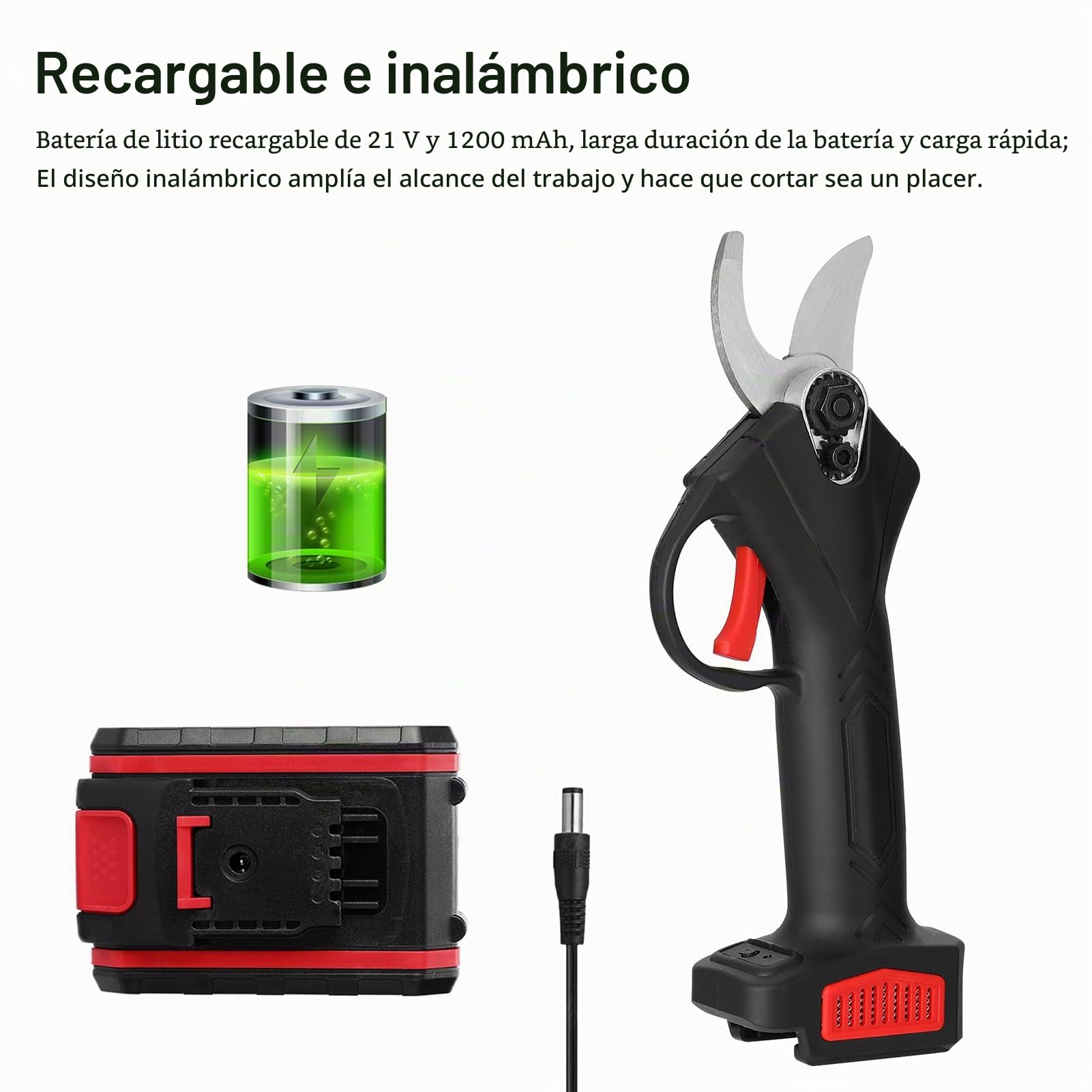 Tijera de Podar Electricas Profesional 30 mm Geevorks 21V Tijeras de Podar a Batería Li-Ion(2 * 2000mAh) Carga Rápida Diseño Antideslizante Cortador Eléctrico Ramas Inalámbrico para Jardinería