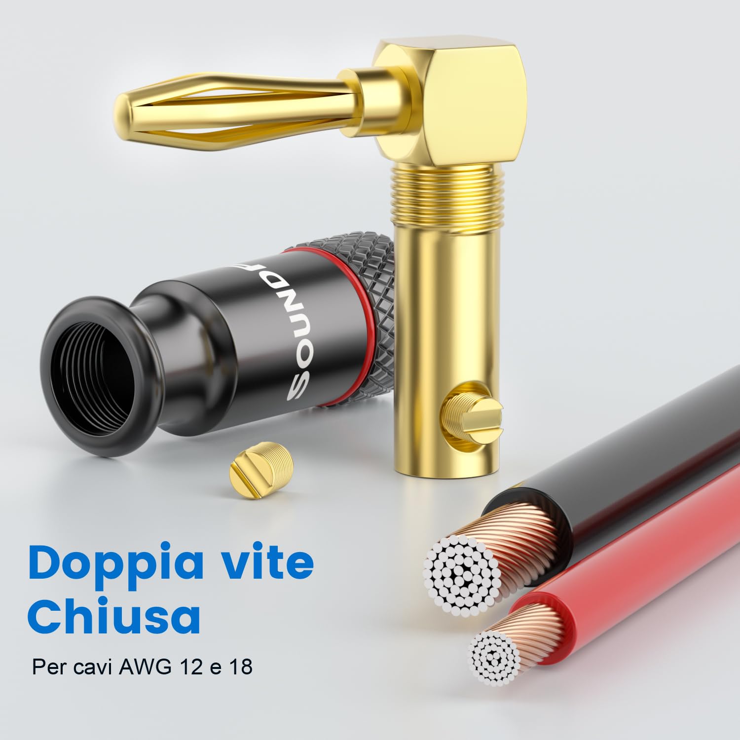 Connettori Banana Angolo 90° Placcati Oro 24K per Cavi Altoparlante 4pz (2 coppie)