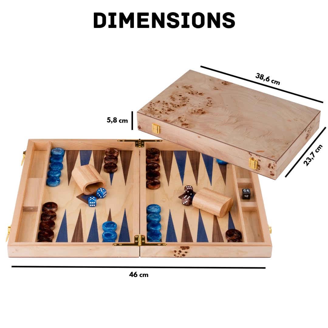 Engelhart-250552, Backgammon Wooden 15 Inch (38 cm) Luxury Burl Wood Case Walnut Inlay, Open 48 × 38 cm, Blue/Brown Pieces - Image 3