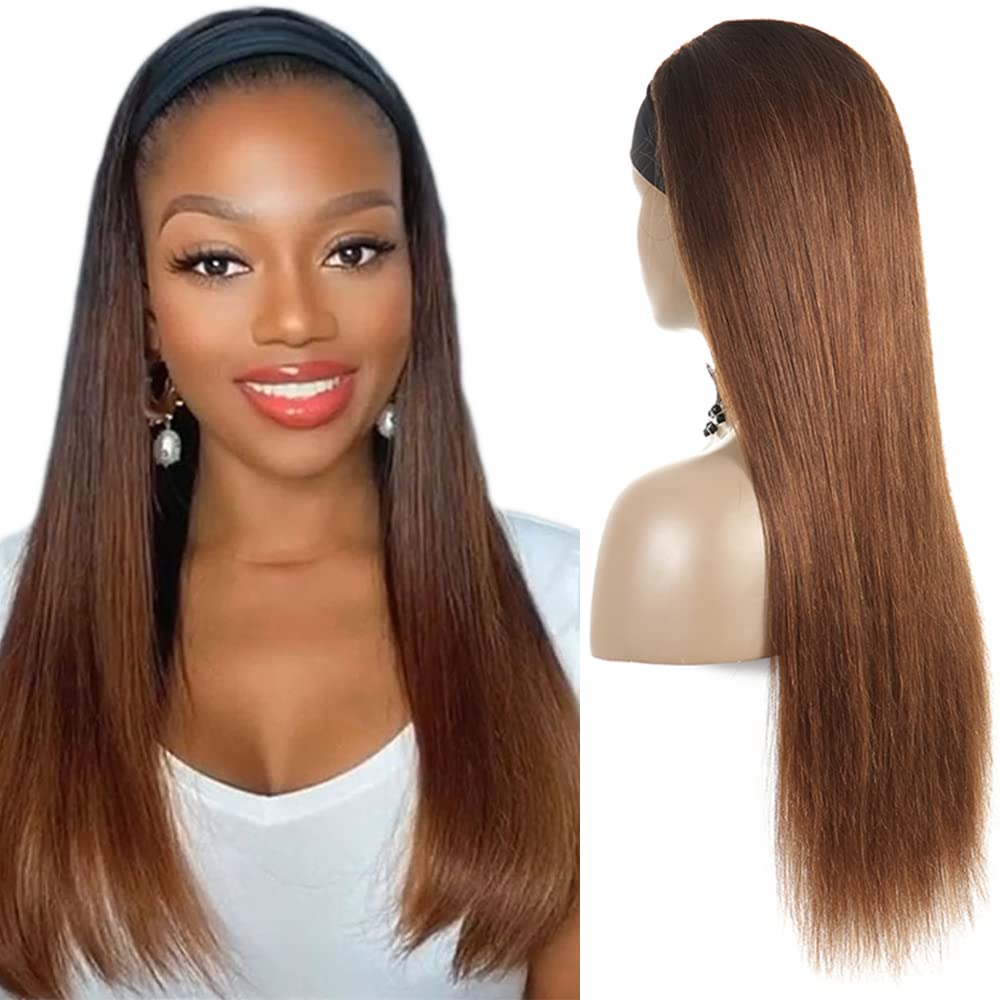 1B30 Straight Headband Wig Human Hair Ombre Brown Headband Wig 130% Density Unprocessed Virgin Hair Wigs Dark Brown Color Straight Machine Made Wigs 24 Inch