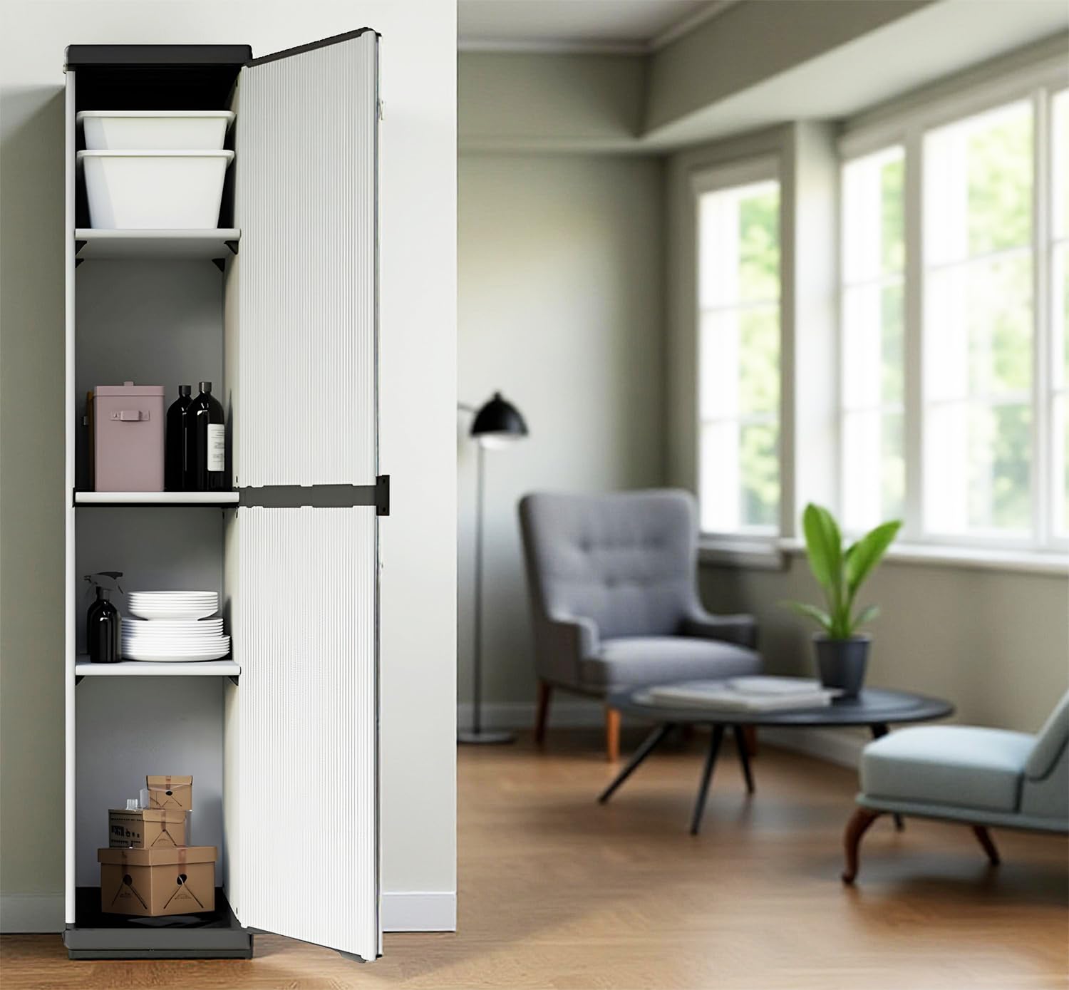 BuyStar Armadio Alto 1 Anta da Esterno 34x40x165h cm, 3 Ripiani Interni - Sistema a Incastro, Senza Viti, Idrorepellente, Garage, Terrazzo, Officina - Made in Italy