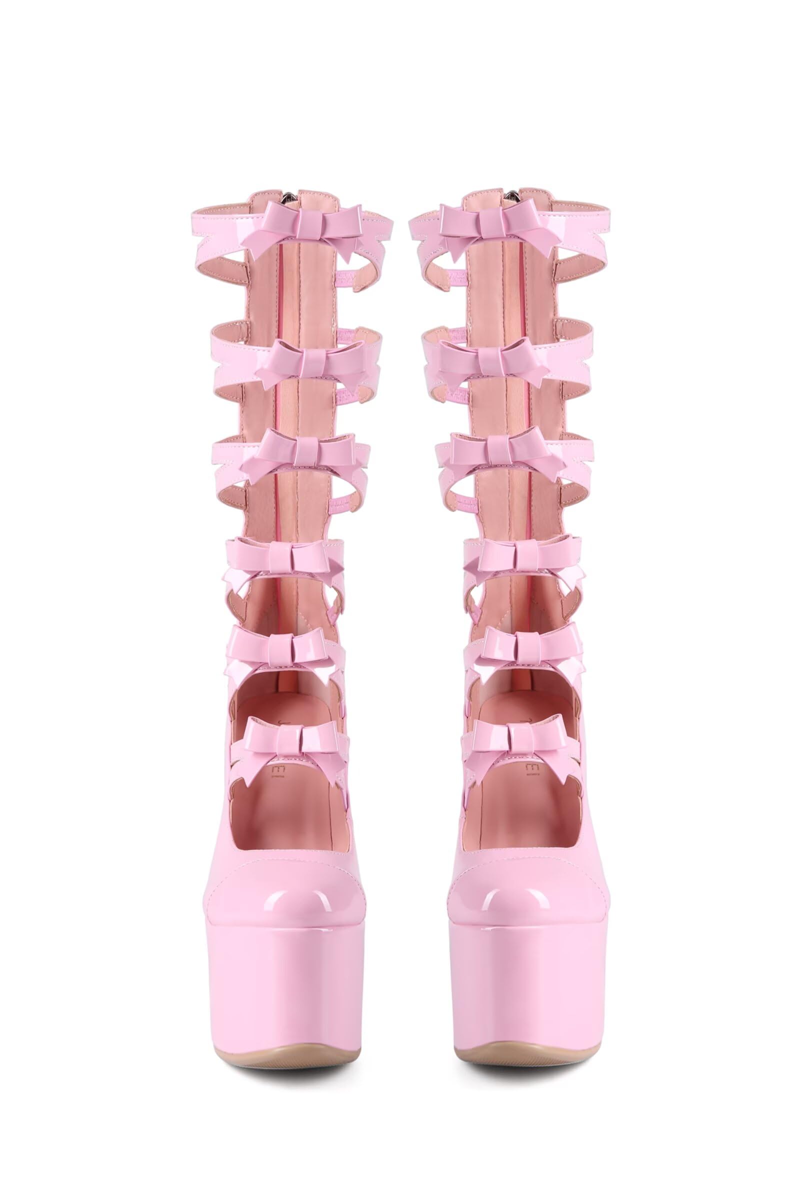 Kawaii Sweet Lolita Chunky Platform Knee High Heeled Boots, Cosplay Anime Patent Bow Ribbon, Y2K Gothic Hot Cute Lovely Girl Big Large Size Shoes For Women Men