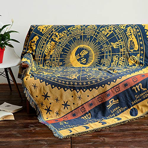 Erke Astrology Hippie Couch Throw Blanket, Double Sided Cotton Woven Witchy Tarot Decor Zodiac Constellations Blanket Bed Sofa Cover w/ Decorative Boho Fringe - 70" x 90" Yellow/Blue Erke Astrology Hippie Couch Throw Blanket, Double Sided Cotton Woven Witchy Tarot Decor Zodiac Constellations Blanket Bed Sofa Cover w/ Decorative Boho Fringe - 70" x 90" Yellow/Blue