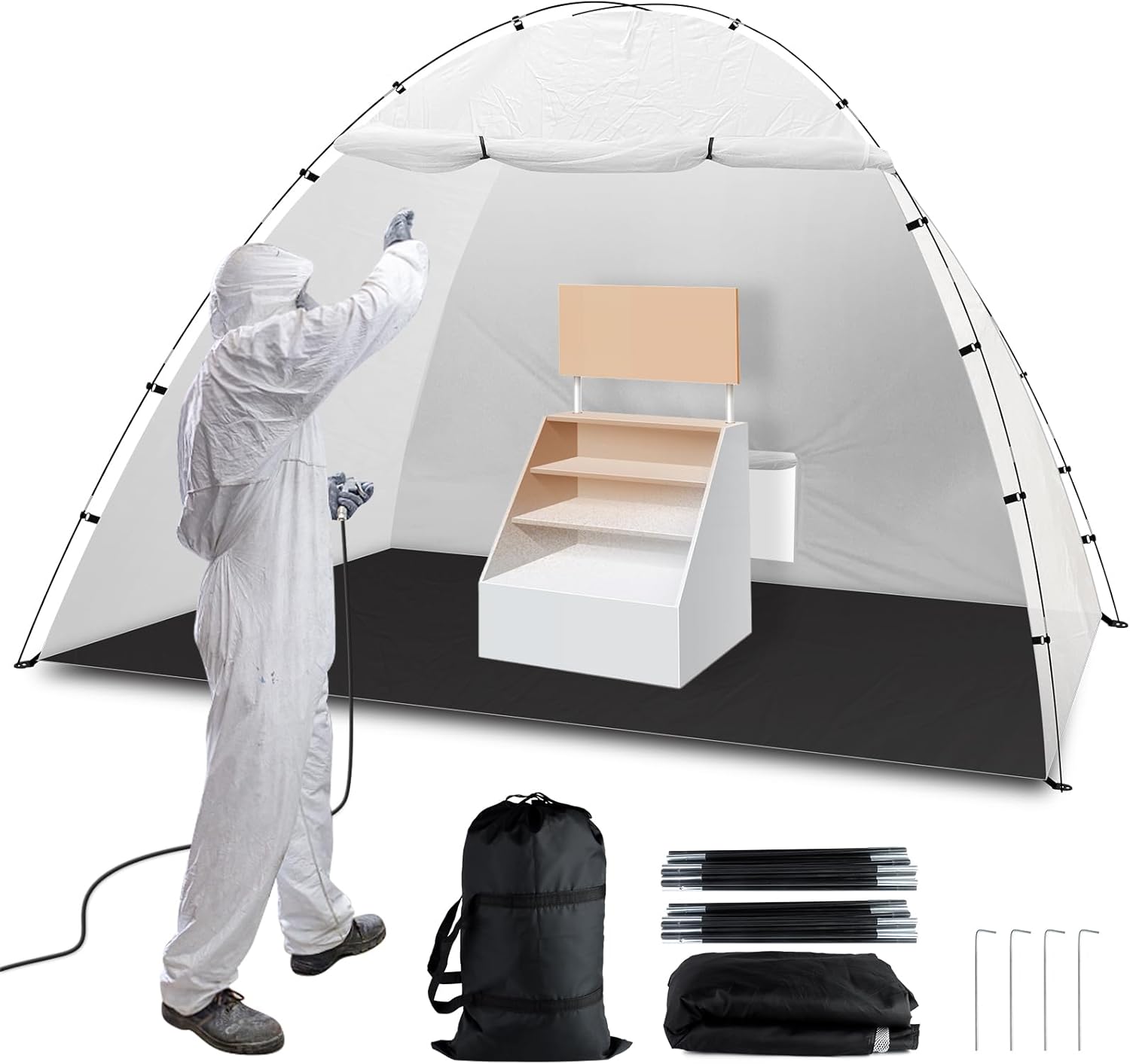 Portable Paint Booth Tent, Siebwin Extra Large 10x6x6.5ft Spray Paint Tent with Built-in Floor & Mesh Screen & Windproof Hooks for Furniture DIY Hobby Tool Spray Paint Shelter 10 x 6x6.5 FT White