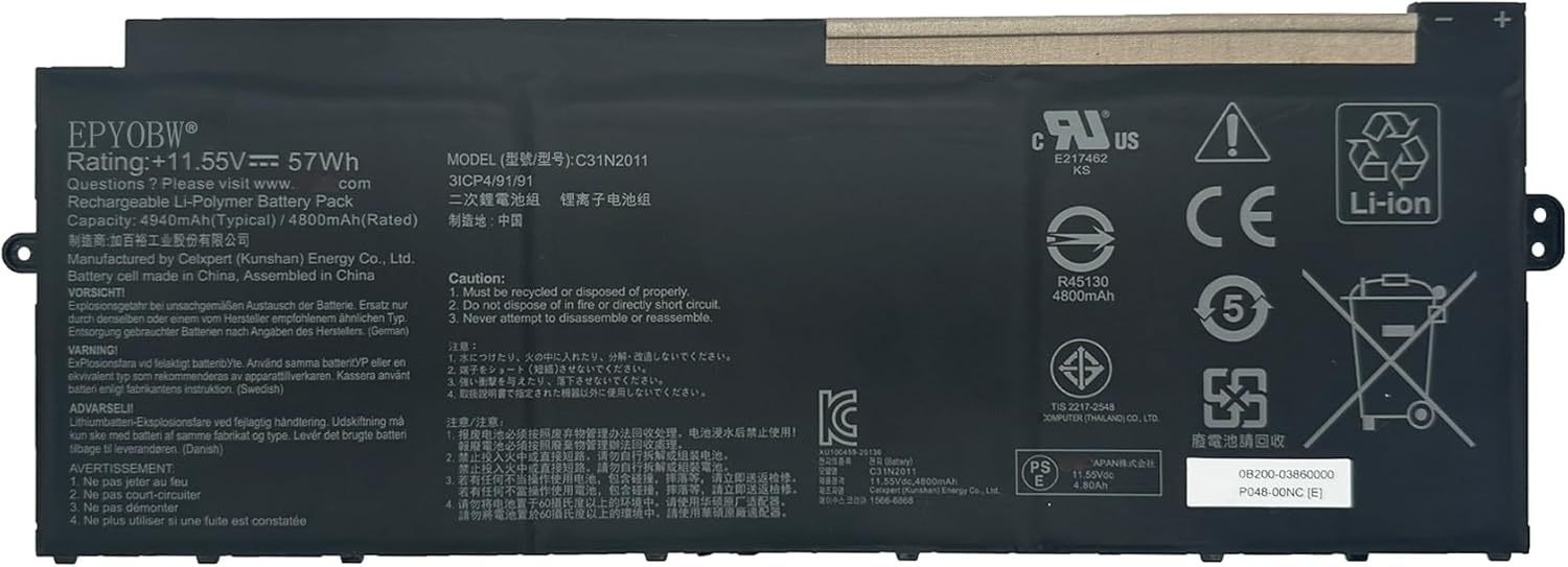 C31N2011 Laptop Battery 57Wh 4940mAh 3-Cell 11.55V Compatible with Asus Chromebook Flip CM5 CM5500FDA / Chromebook Flip CX5 CX5500FEA Series 0B200-03860000 3ICP4/91/91