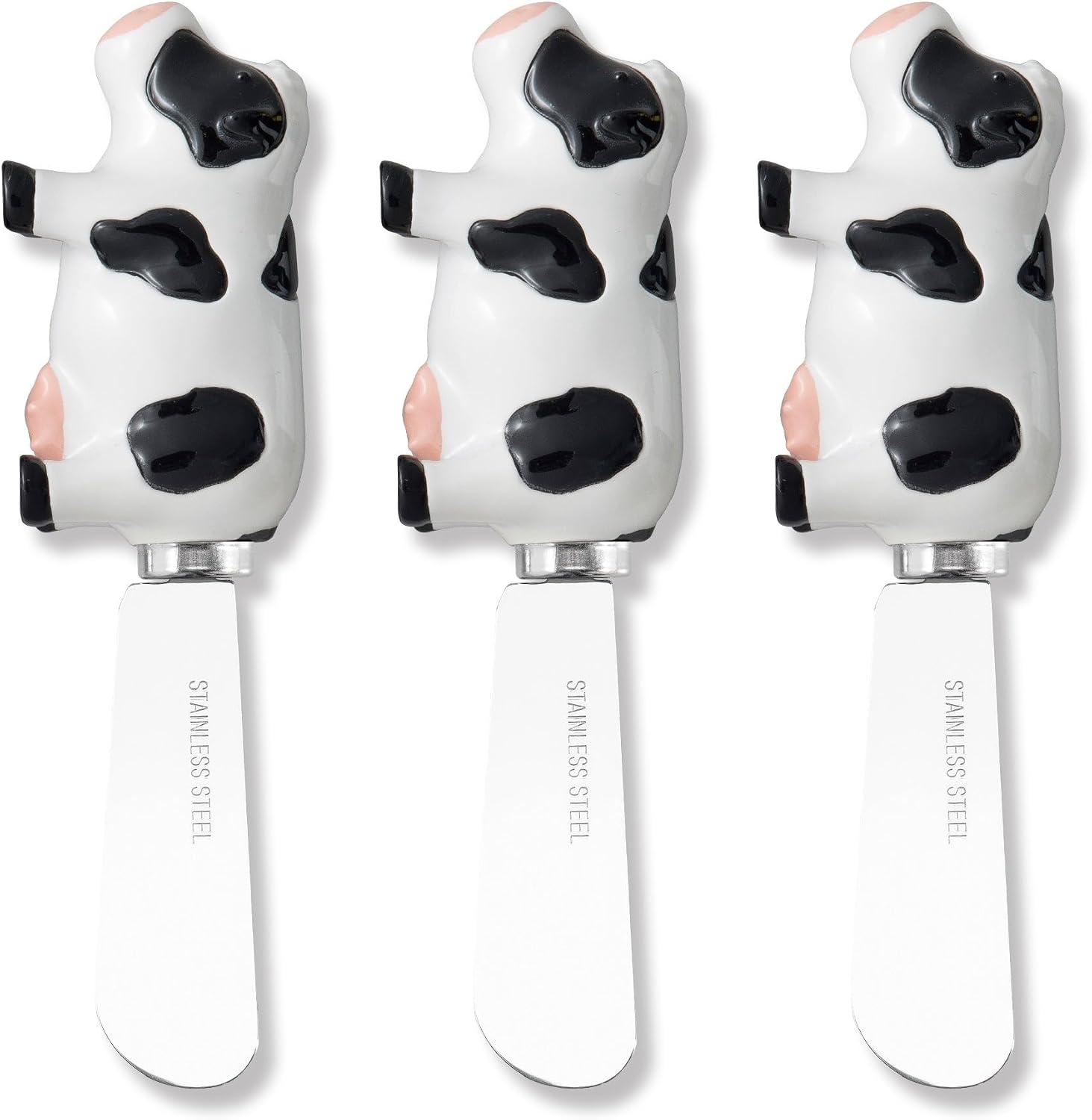 Supreme Housewares Cow Cheese Spreader Set of 3, Stainless Steel Butter and Jam Spreader with Hand-Painted Resin Black and White Cow Handle, Rustic Farmhouse Decor image 4