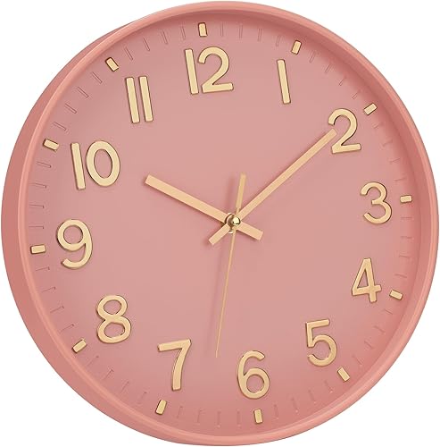 Miniatura 4 de Lumuasky Reloj de pared rosa moderno de 12 pulgadas, funciona con pilas, silencioso, sin tictac, decorativo para sala de estar, dormitorio, oficina,