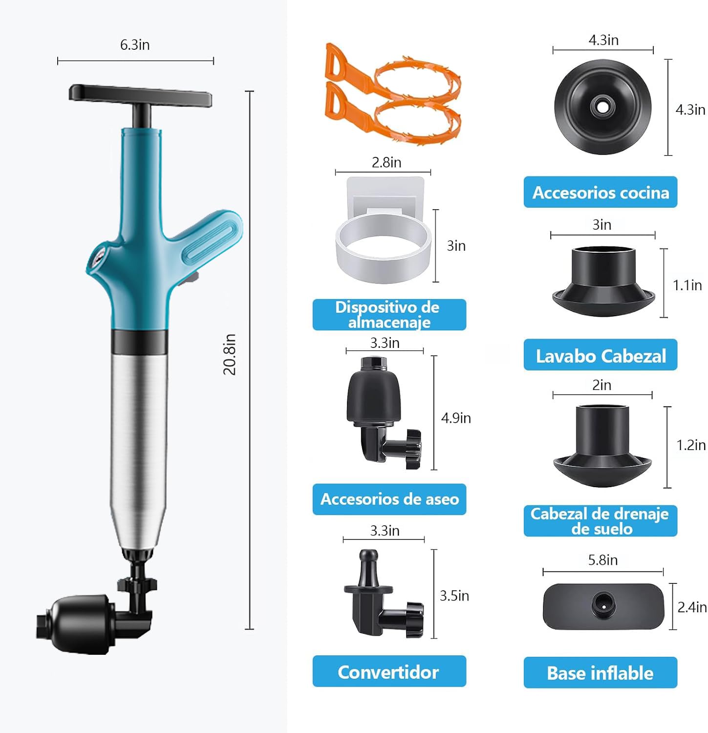Desatascador inodoro,Desatascador tuberias profesional, desatascador wc, desatascador tuberias a presion, pistola desatascador con 3 ventosas para Cuartos de Baño Inodoros (Azul)