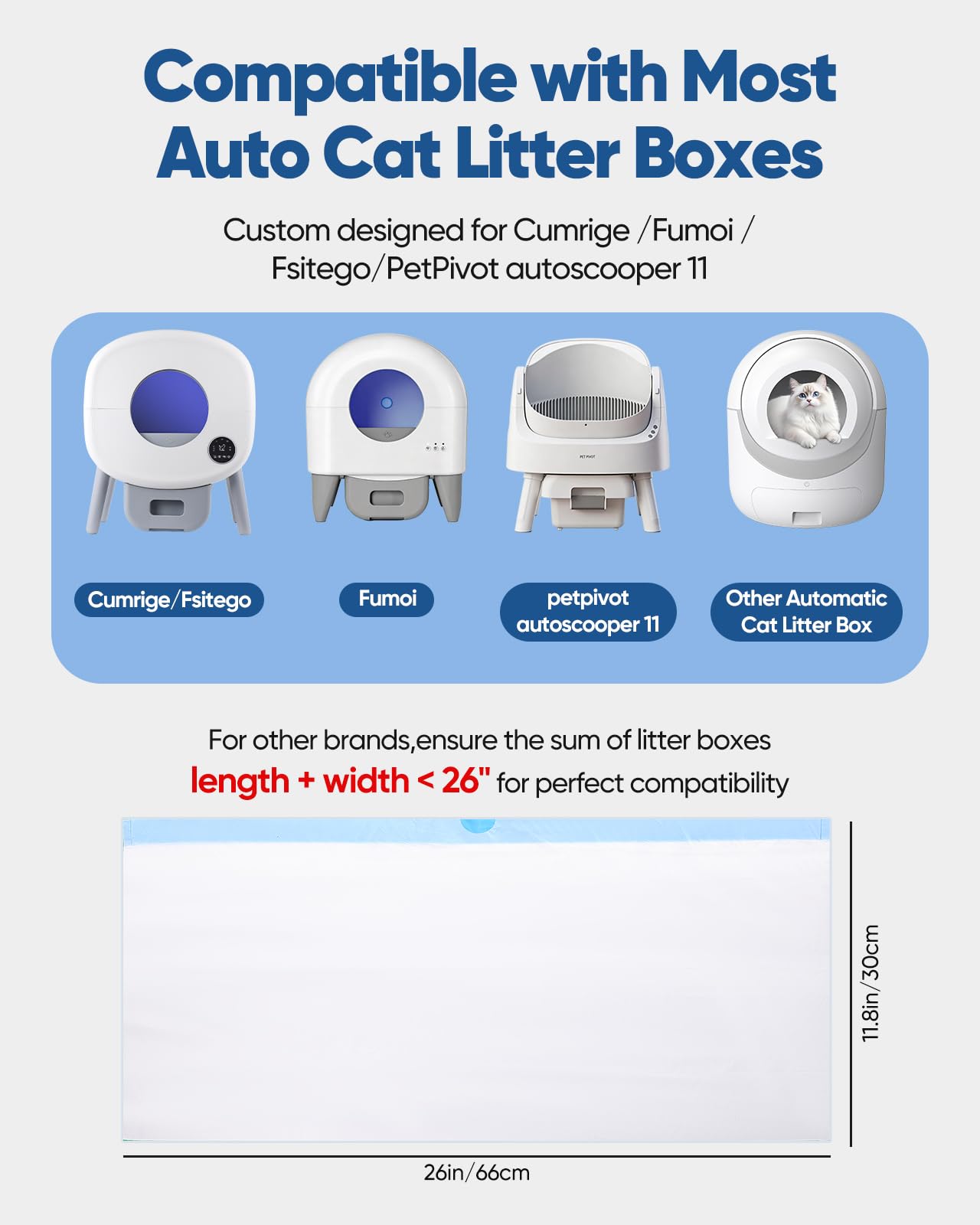 150 bolsas de arena para gatos Cumrige Fumoi Fsitego, caja de arena autolimpiable, caja de arena gruesa y automática de repuesto con cordón, resistente, 26 x 11.8 pulgadas, 10-12 galones de capacidad