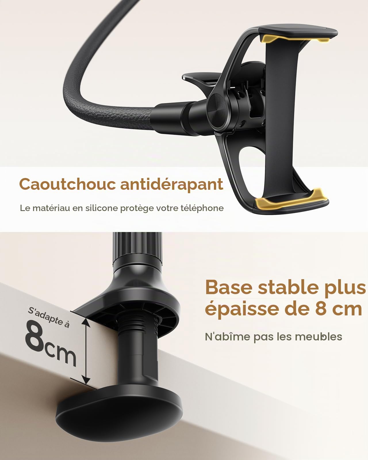 SAIJI Support téléphone avec col de Cygne de, 95cm Support téléphone de Chevet Étui en Cuir amélioré Stable et Durable, Rotation 360° Réglable pour iPhone, Huawei, Switch, Samsung (Noir)