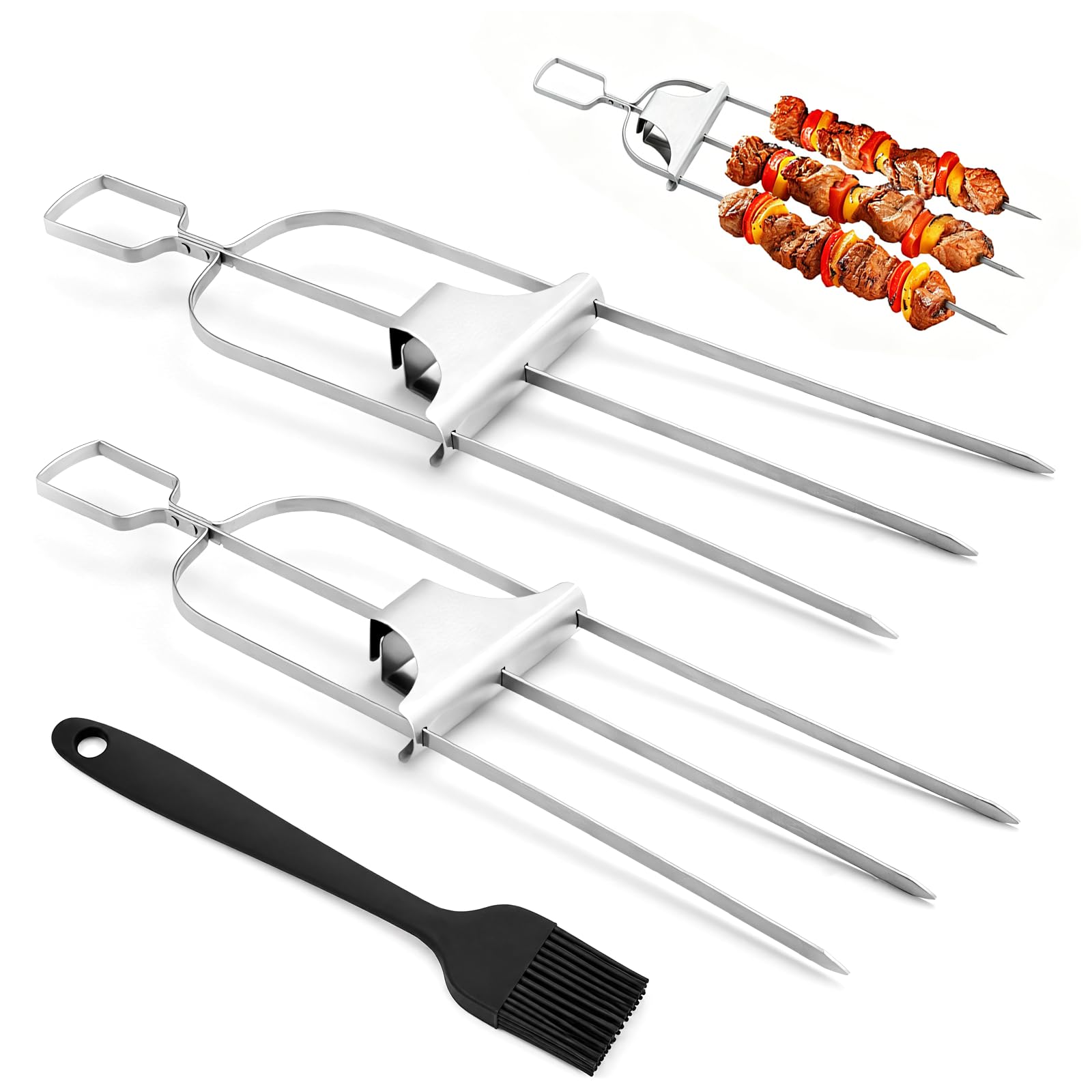 2Pcs 3-Prong BBQ Skewers with Oil Brush, Stainless Steel Kebab Skewers with Push Bar Slider, Forks Style Chicken Skewer for Meat, Sausages & Vegetable, Reusable BBQ Accessories Outdoor