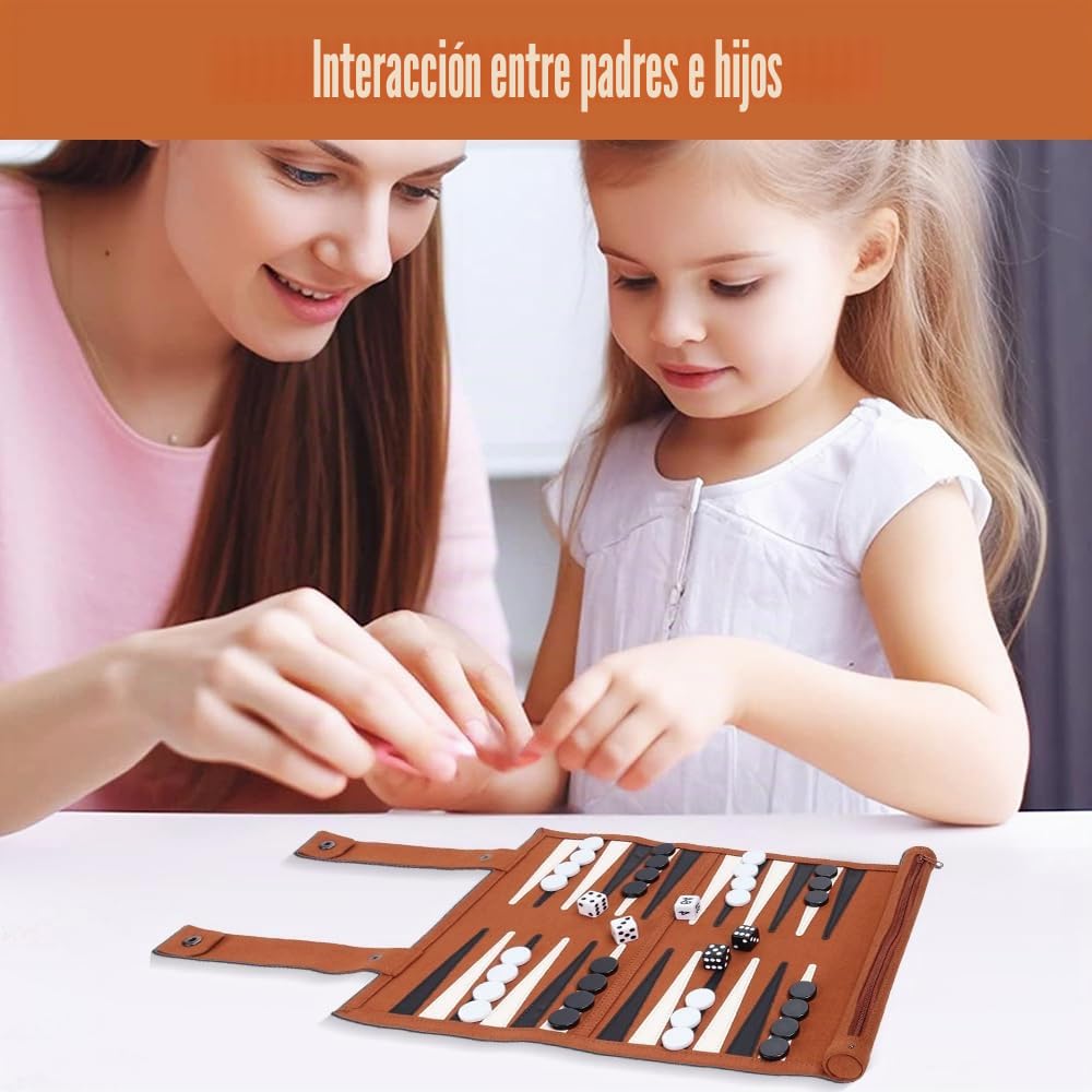 Backgammon de Cuero, Backgammon Viaje, Juego de Back Gammon Clásico, Incluye Accesorios de Piezas de Ajedrez, Back Gammon Enrollable para Viajes y Viajes, 25x35cm (Moca)