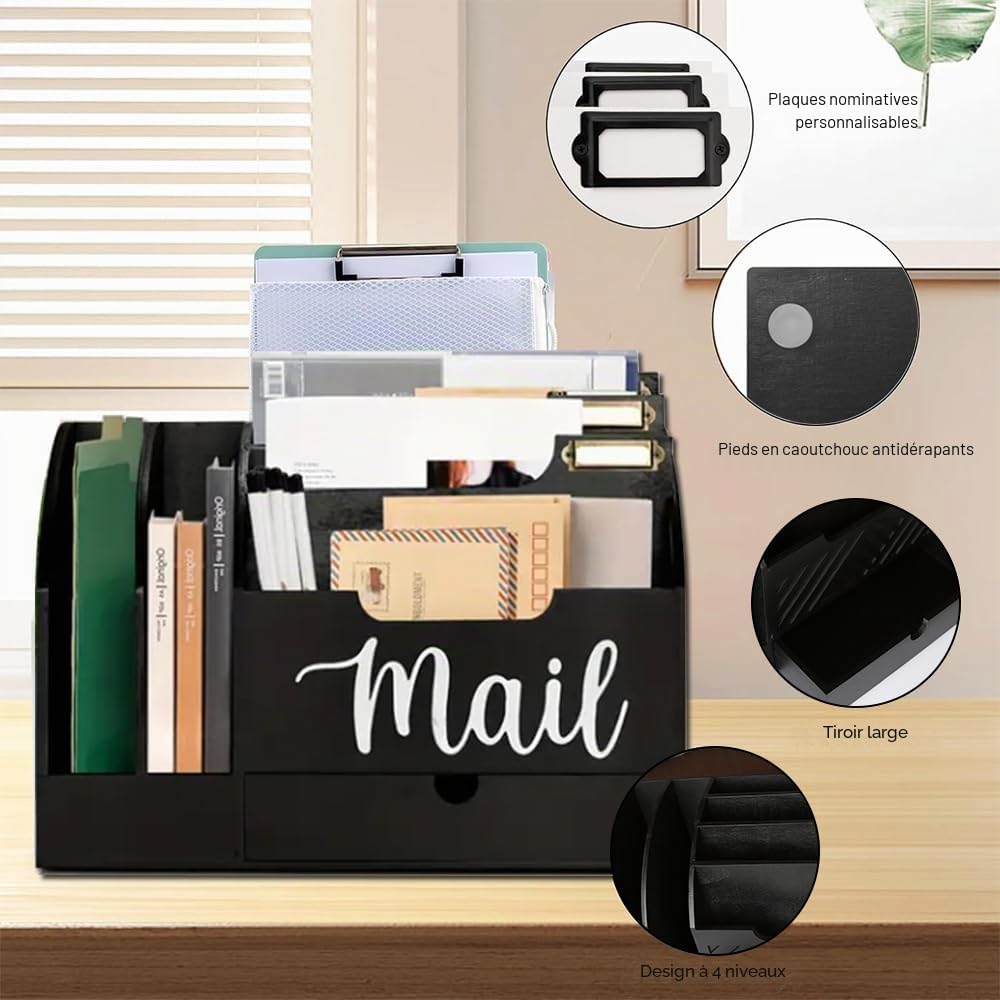 Organisateur de courrier en bois avec 6 compartiments et un tiroir, Tiroir de bureau en bois pour dossier Lettre Dossier, Boîte de rangement pour le courrier, Noir