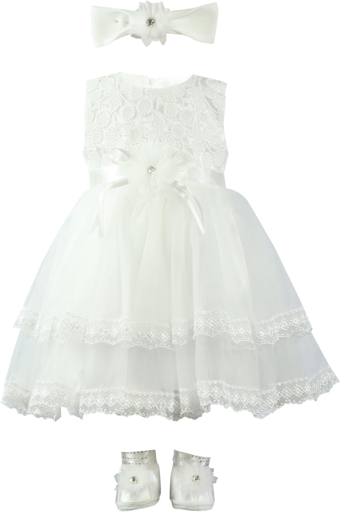 Mini Damla Baby Girl's Christening Embroidered Layered Dress Gown 3 Piece Deluxe Set