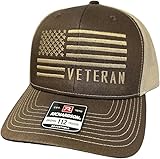 The Goozler American Flag Veteran Unisex Adjustable Snap Back Embroidered Trucker Hat Mens Womens USA Vet Armed Forces Cap (US, Alpha, One Size, Brown/Tan)