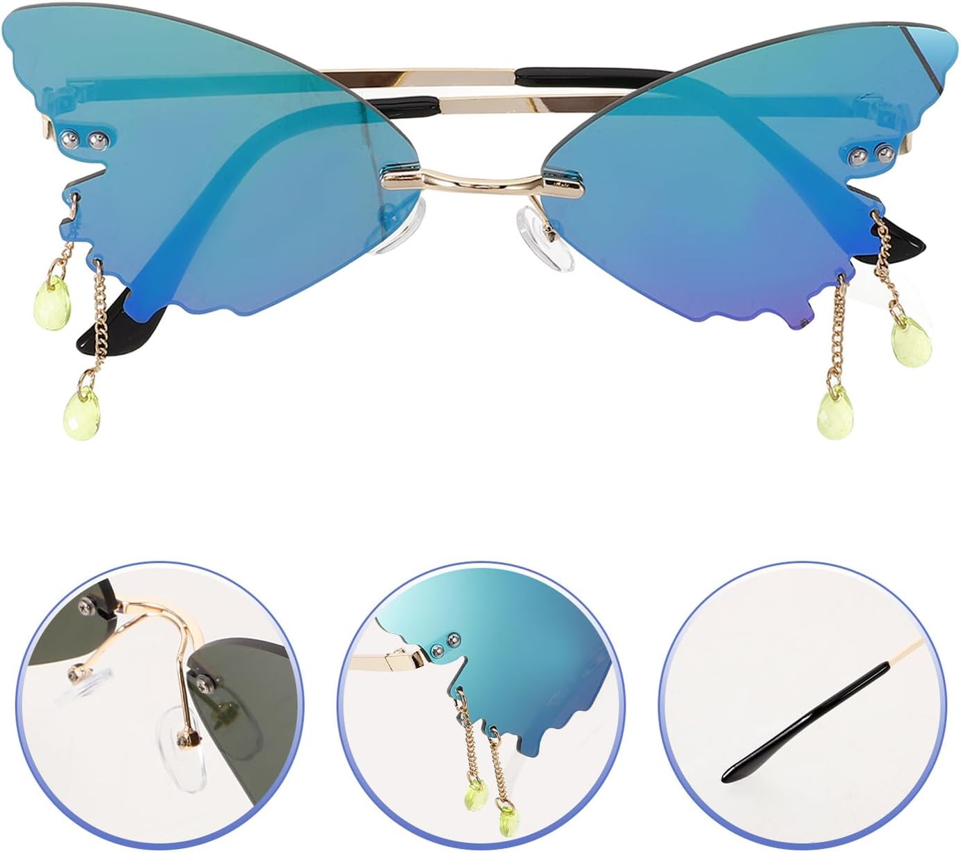 Butterfly Rimless Sunglasses for Women with Gold Frame and Emerald Lens, Novelty Outdoor Party Eyewear, Fashionable Women’s Sun Glasses for Street Style