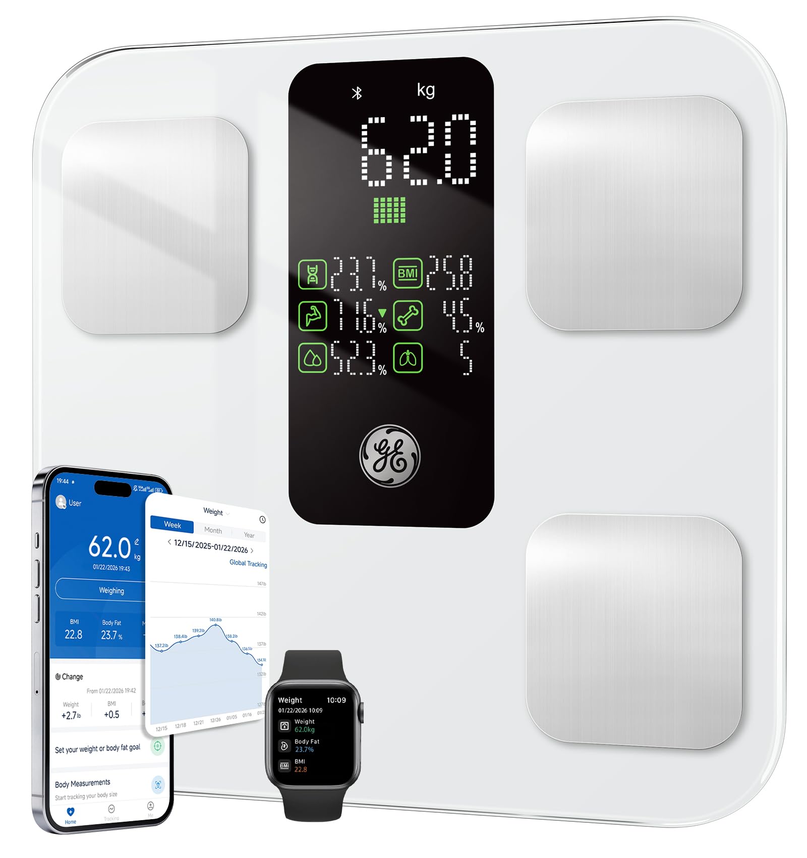 GE Körperfettwaage Digital mit Großem Display, Smart Waage mit Körperfett und Muskelmasse mit APP 14 Körpermaße BMI Bluetooth Personenwaage bis 180 kg / 400 lb