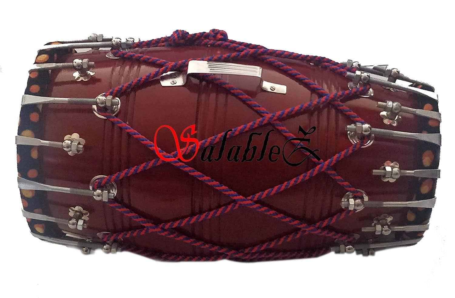 SALABLEZ Wooden Handmade Dholak Indian Folk Musical Instrument Drum Tied Thru Rope Wooden Musical Instrument Dholak Drum Nuts & Bolt Design (Brown)