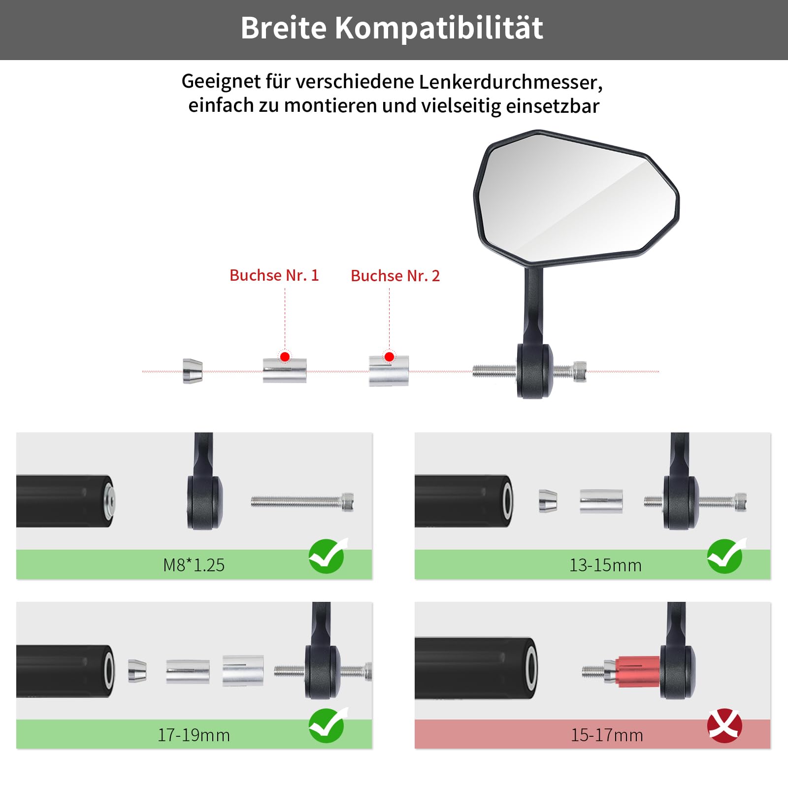 evermotor Motorrad Lenkerendenspiegel, Motorrad Spiegel E-geprüft, 360° Drehbar, für M8-Gewinde & Lenker Ø 13–15 mm und 17–19 mm, Aluminium, Matt Schwarz, Paar