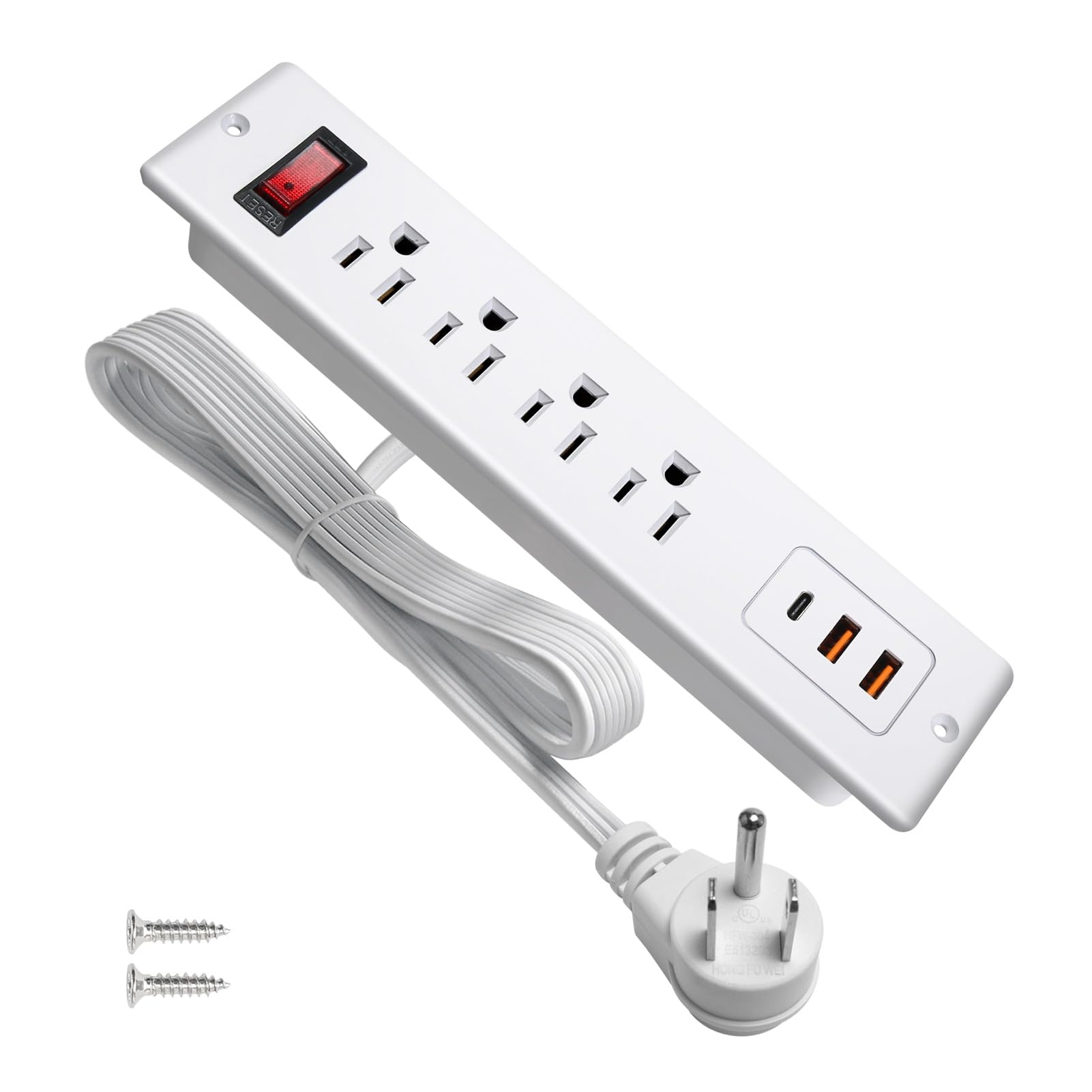 20W PD USB C Recessed Power Bar Desktop Power Strip 4 Outlets 3 USB (PD20W & QC18W, Total 20W) Mountable Flat Plug Charging Station for Countertop Cabinet Desk ETL Listed