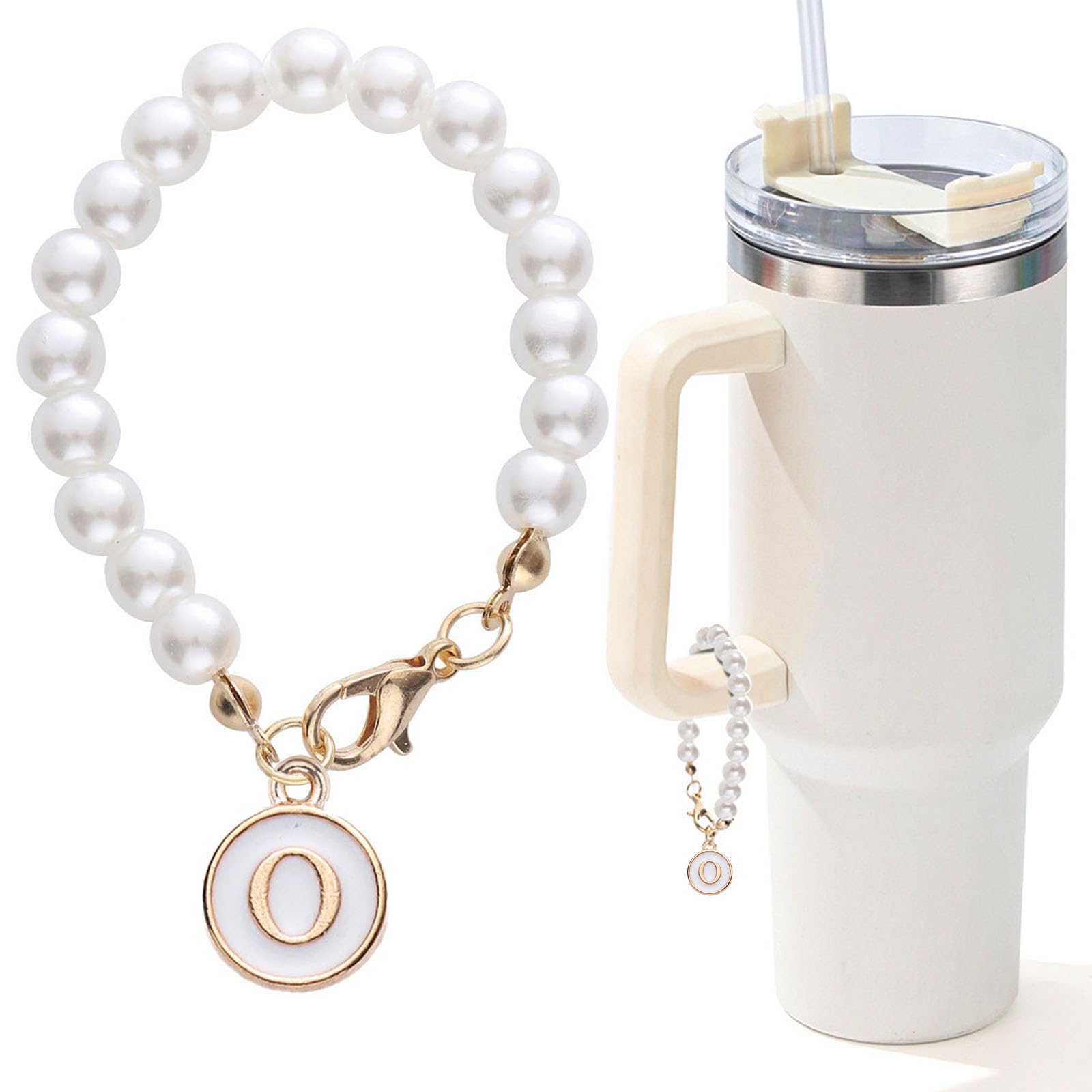Letter Charm for Stanley Cup，Pearl Chain Accessories Stanley Cup Initial Charms for Handle Stuff Decor Water Bottle Jewelry Tumbler Cute Simple Modern Personalized Name ID Decorations (O)