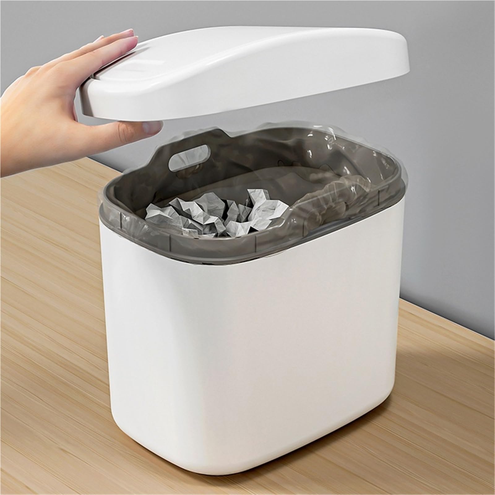 1 Uds. Papelera for escritorio pequeño Mini cubo de basura plástico con cubierta batidora for el hogar y la Oficina contenedores limpieza del para Basura(White)