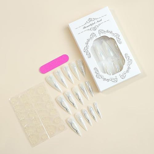 Miniatura 4 de 24 piezas de uñas postizas de estilo stiletto para Halloween, uñas largas blancas con diseños de llama plateada, uñas postizas brillantes de