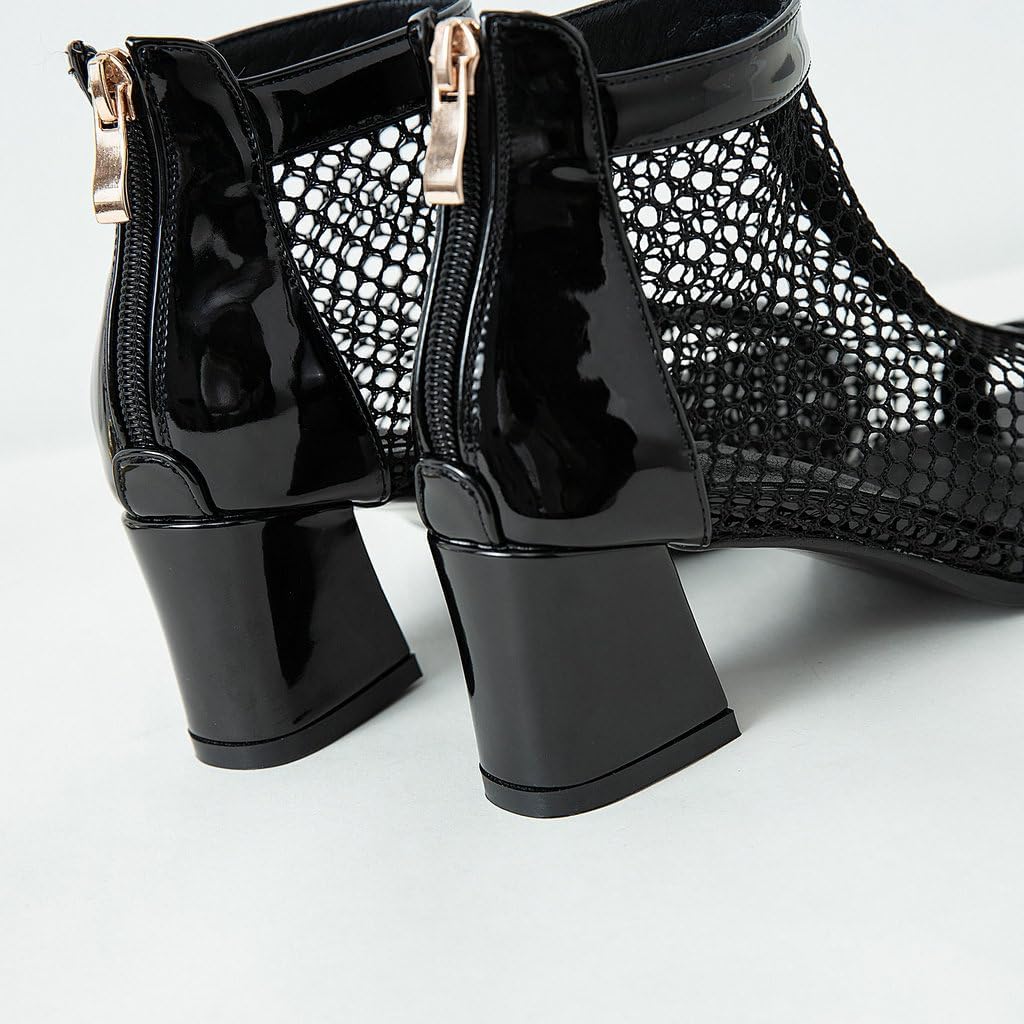 DINTAHA Mesh Open Toe Chunky Heel Booties Peep Toe Ankle Boots Low Heel Summer Boots
